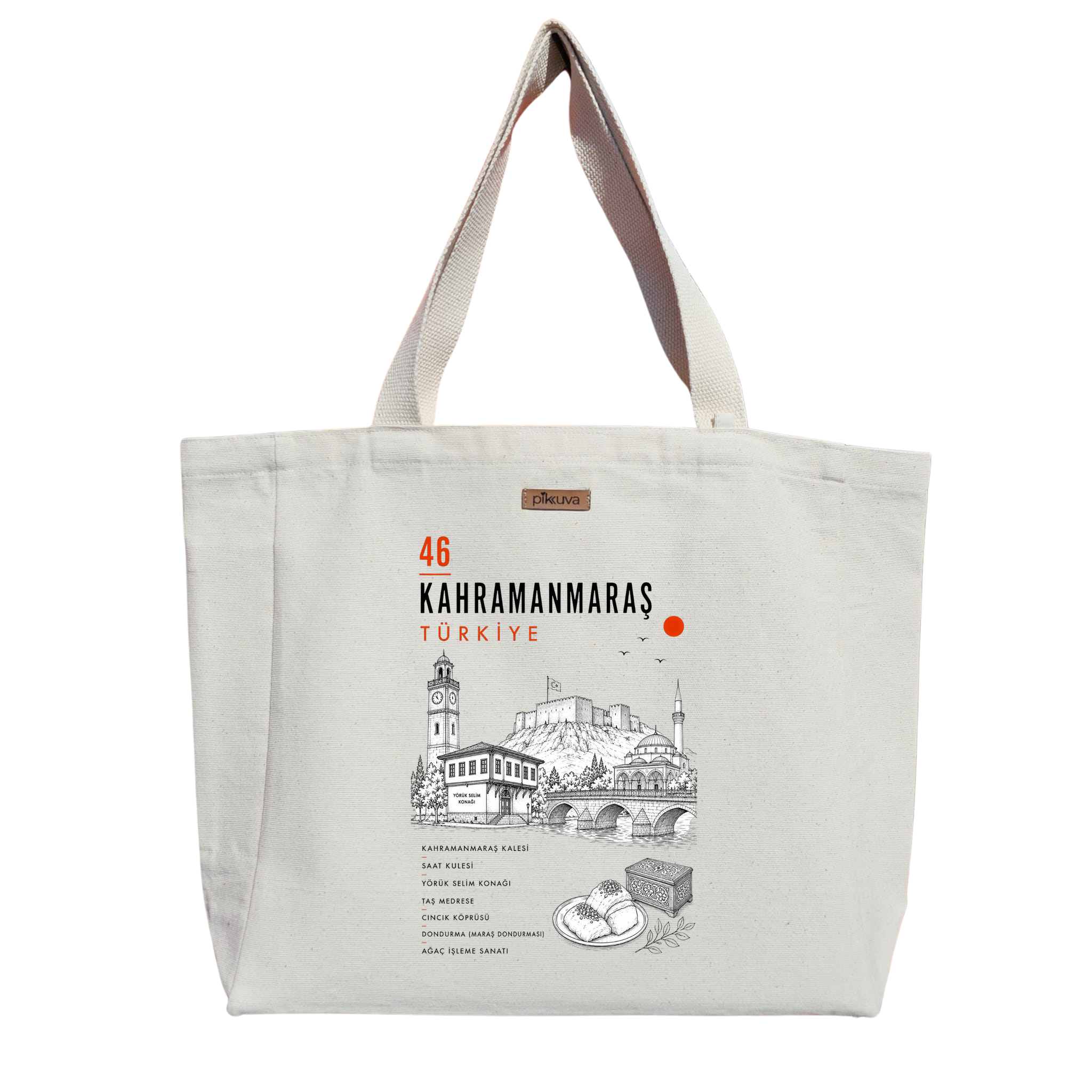 Natural Canvas Tote Bag, Natural Handle, White Velcro, Water Bottle Holder — 20x24