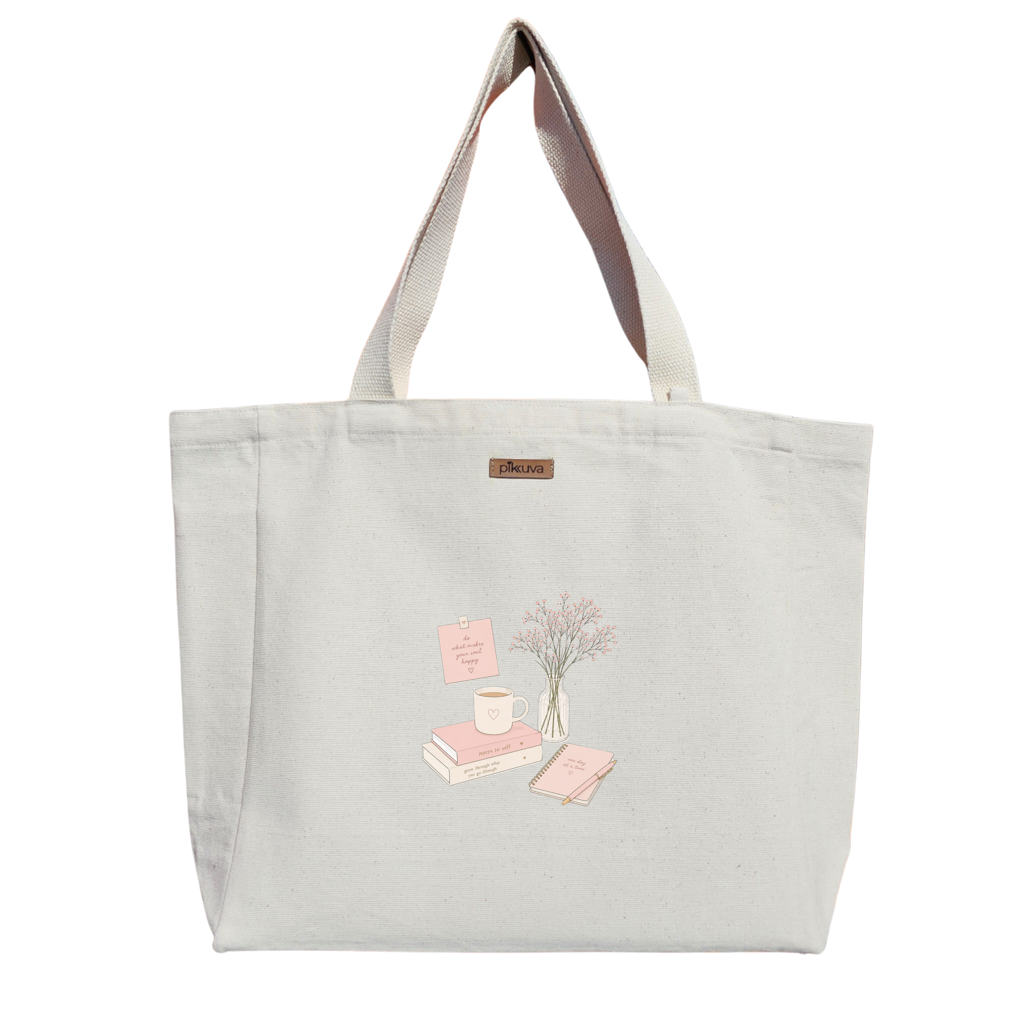 Natural Canvas Tote Bag, Natural Handle, White Velcro, Water Bottle Holder — 12x20