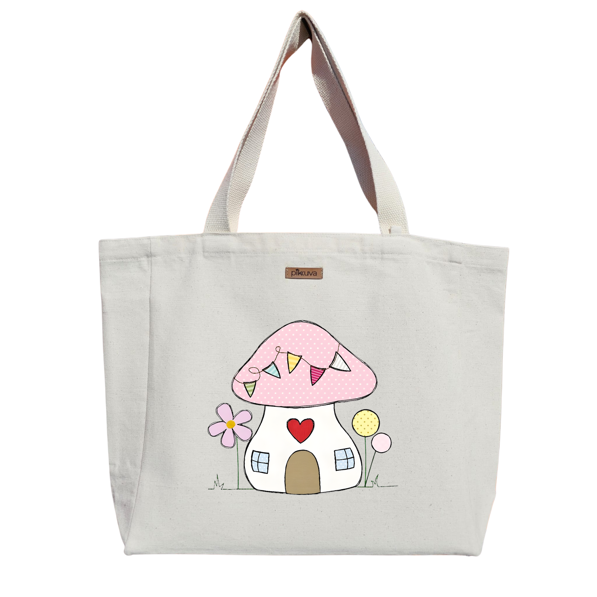 Natural Canvas Tote Bag, Natural Handle, White Velcro, Water Bottle Holder — 20x24