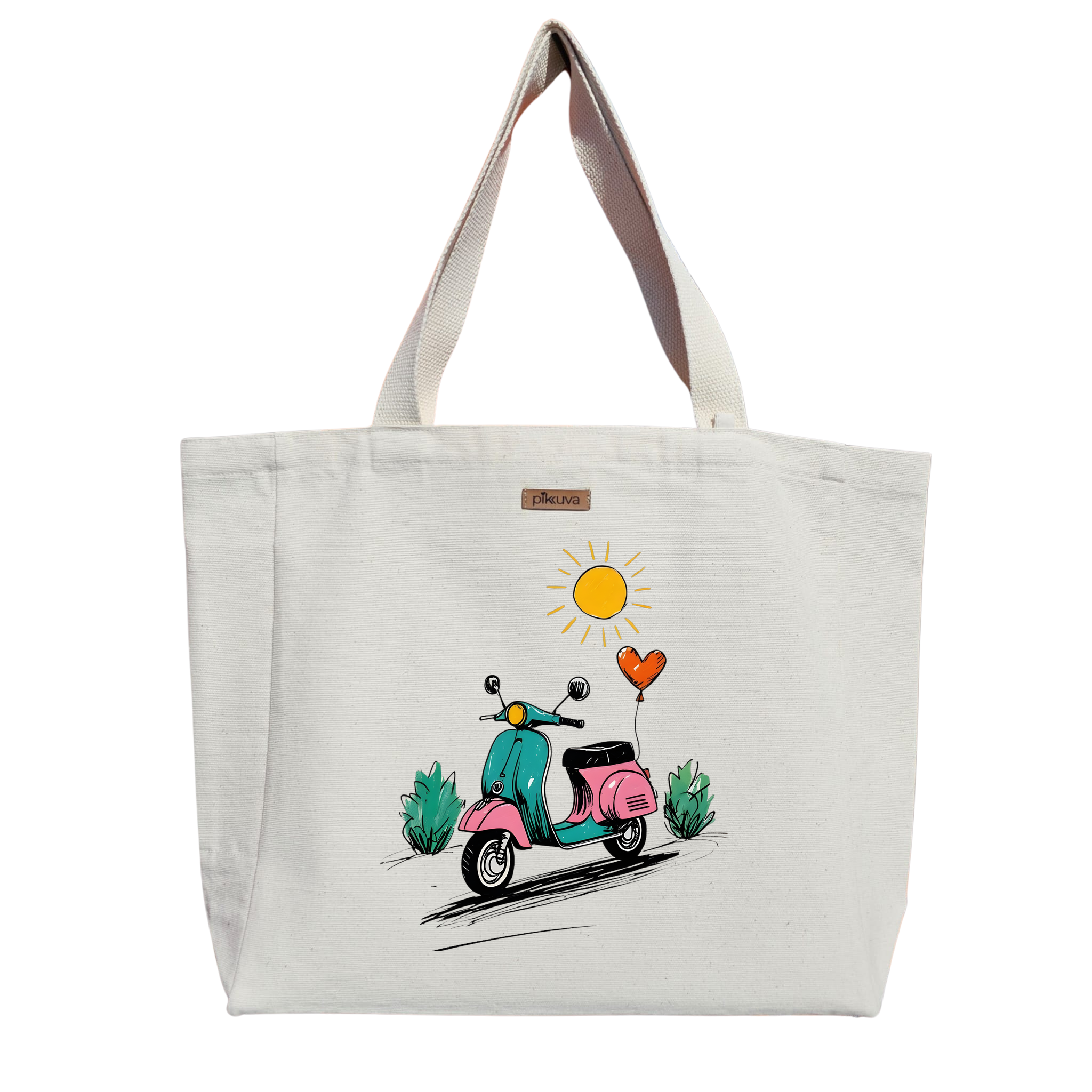 Renkli Scooter ve Güneş Baskılı Naturel Kanvas Bez Çanta Sap Beyaz Cırt Cırtlı Suluk Tutuculu — 20x24