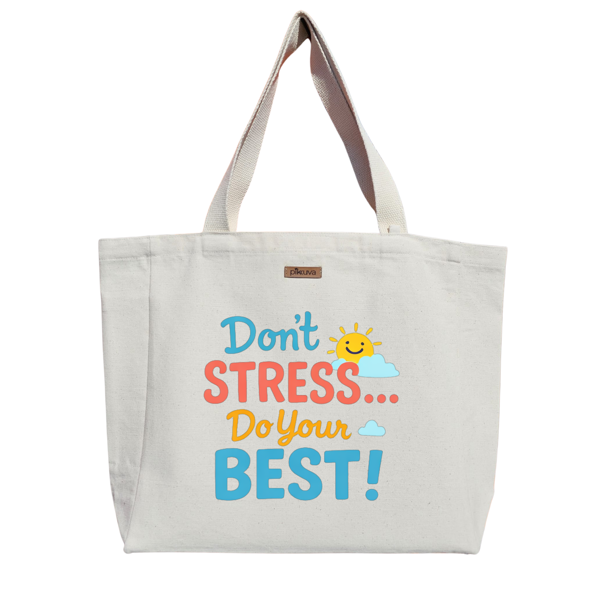 Natural Canvas Tote Bag, Natural Handle, White Velcro, Water Bottle Holder — 24x20