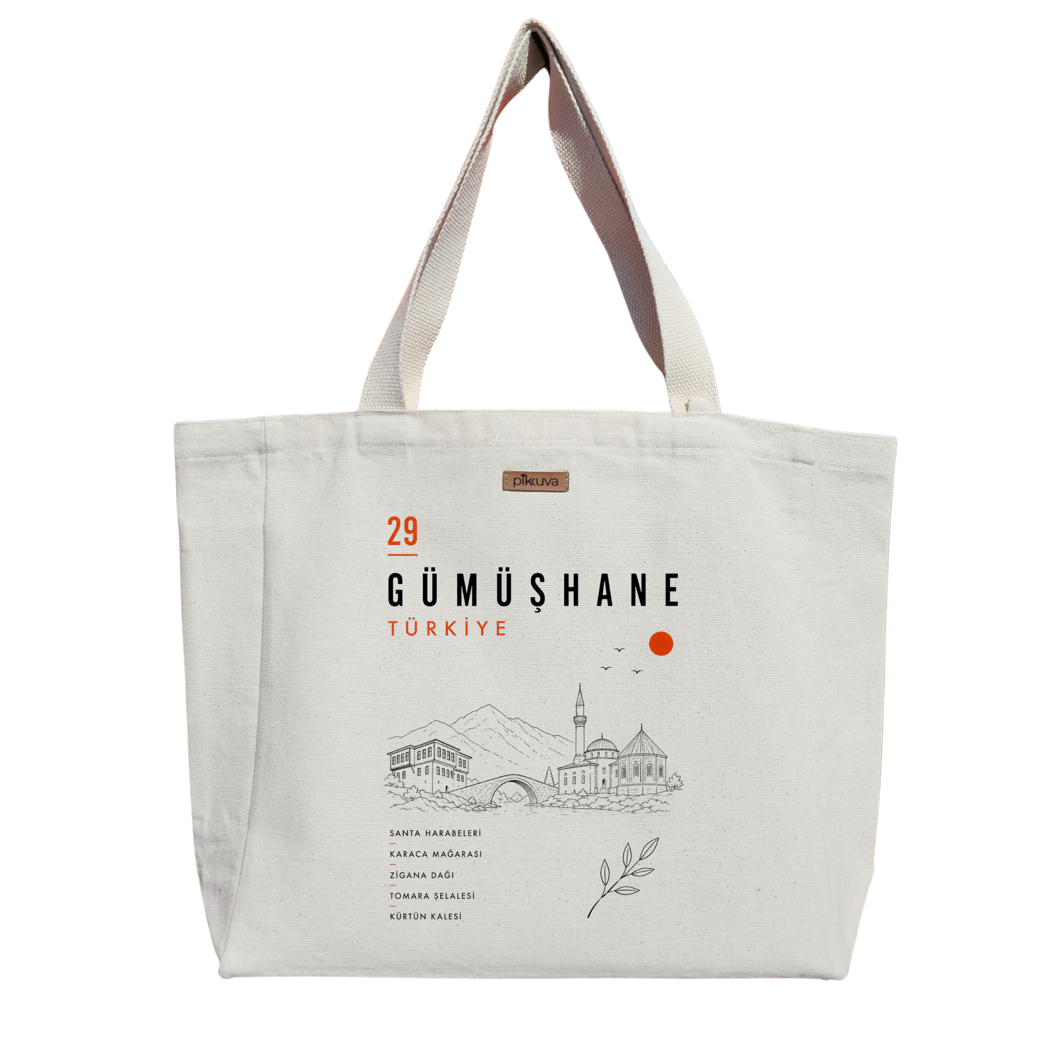 Natural Canvas Tote Bag, Natural Handle, White Velcro, Water Bottle Holder — 20x24