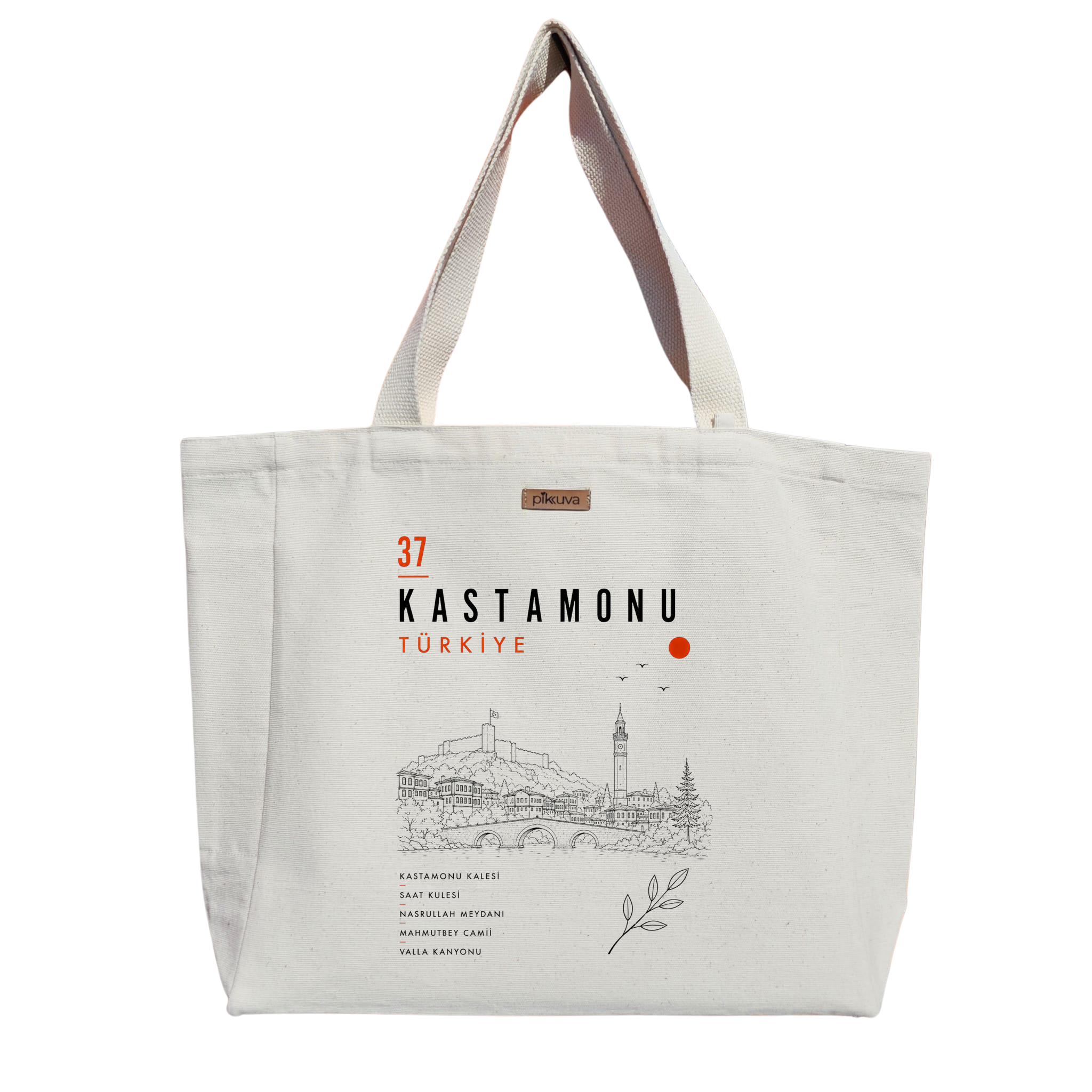 Natural Canvas Tote Bag, Natural Handle, White Velcro, Water Bottle Holder — 20x24