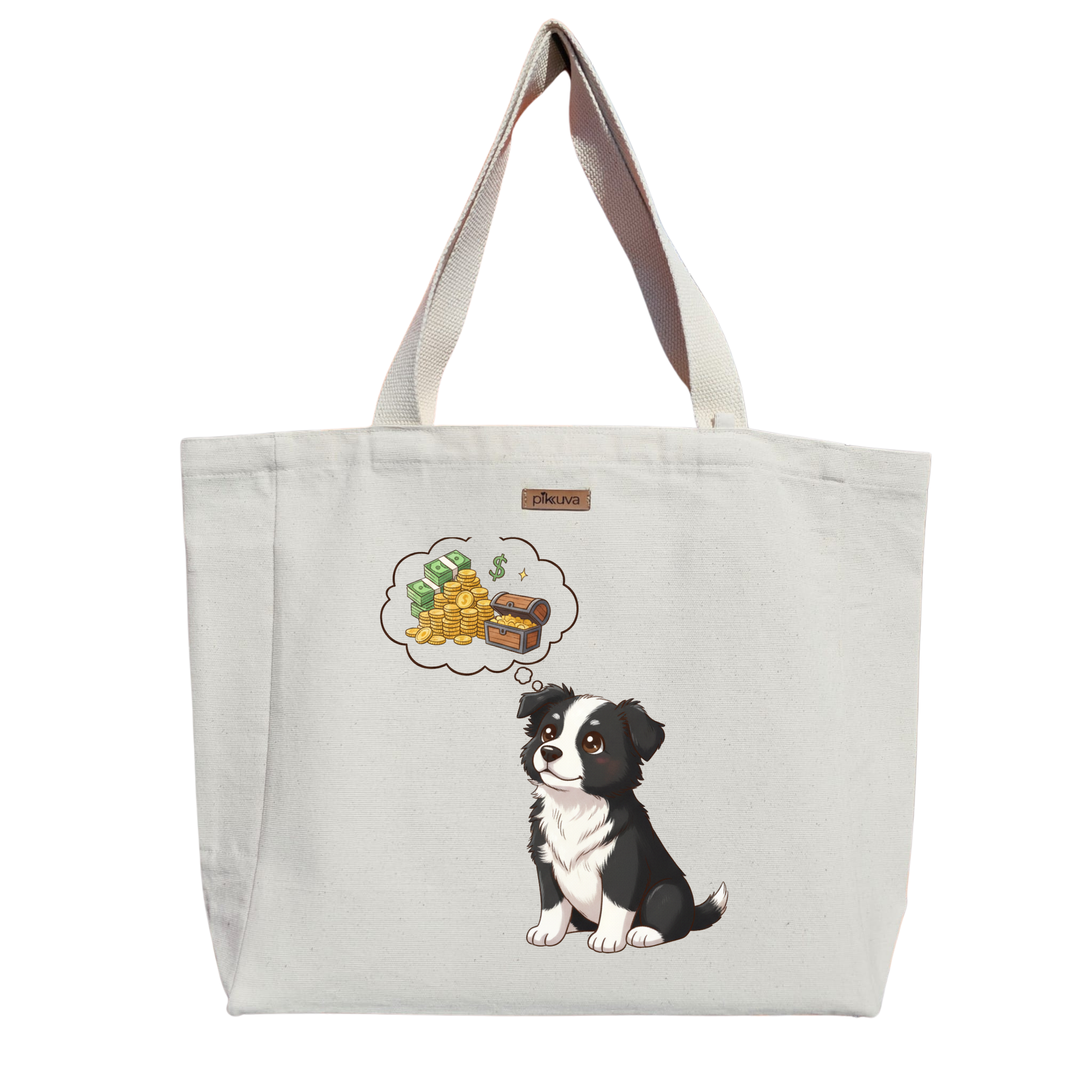 Natural Canvas Tote Bag, Natural Handle, White Velcro, Water Bottle Holder — 20x24