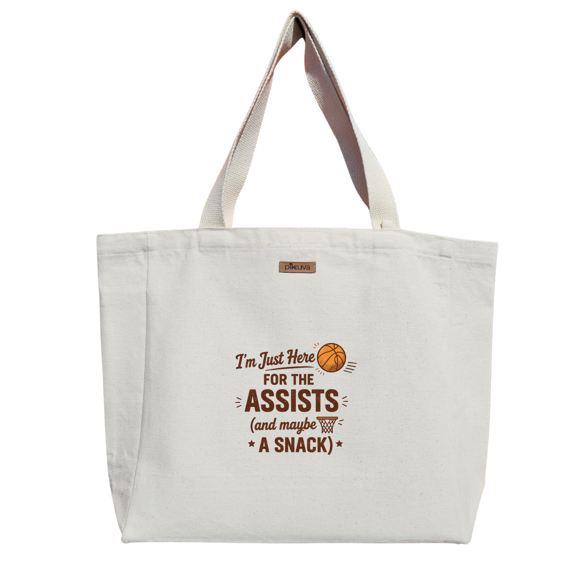 Turuncu Basketbol Temalı Logo Eğlenceli ve dinamik Baskılı Naturel Kanvas Bez Çanta Sap Beyaz Cırt Cırtlı Suluk Tutuculu