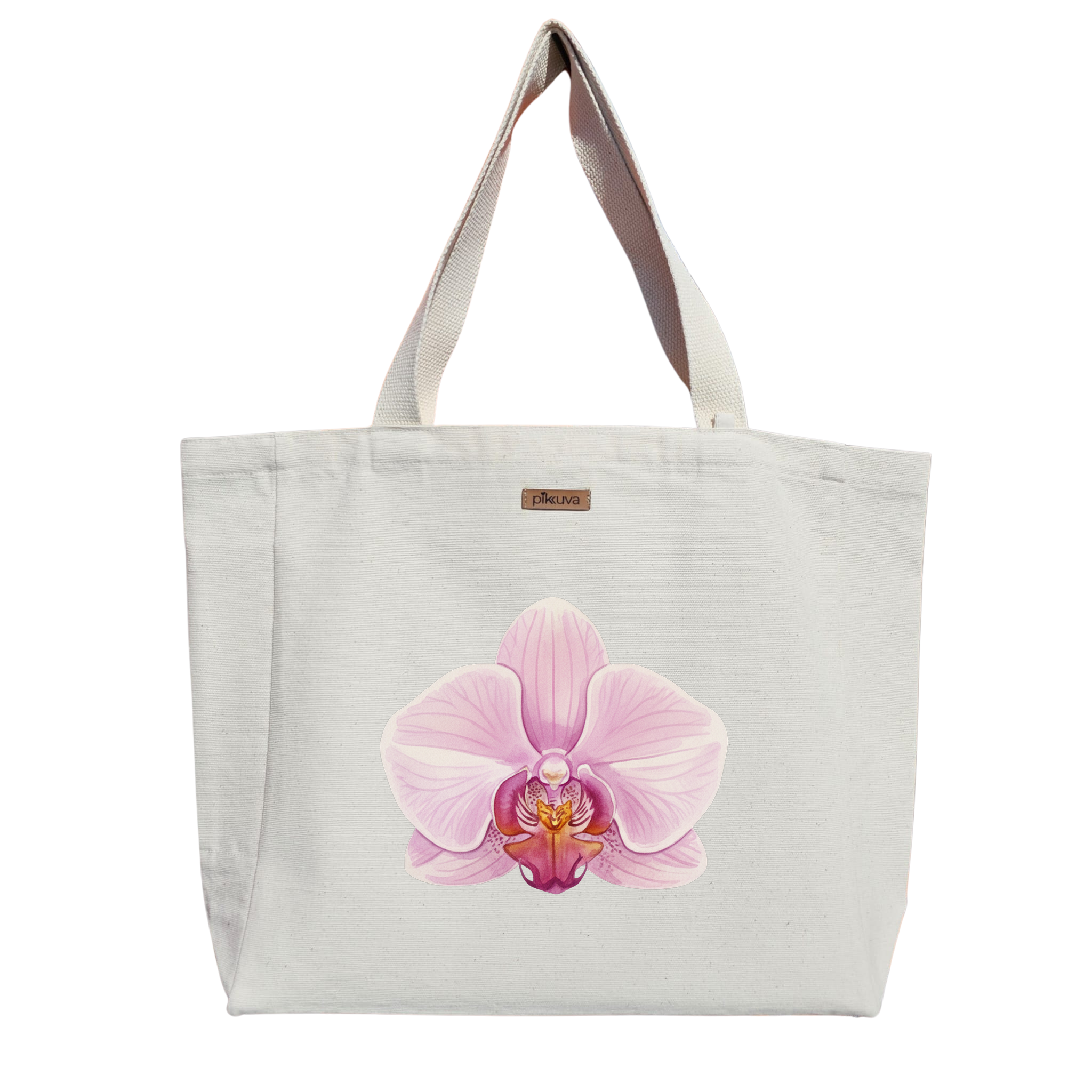 Pembe Orkide Çiçeği Tasarımı Pink orchid flower design Baskılı Naturel Kanvas Bez Çanta Sap Beyaz Cırt Cırtlı Suluk Tutuculu — 20x24