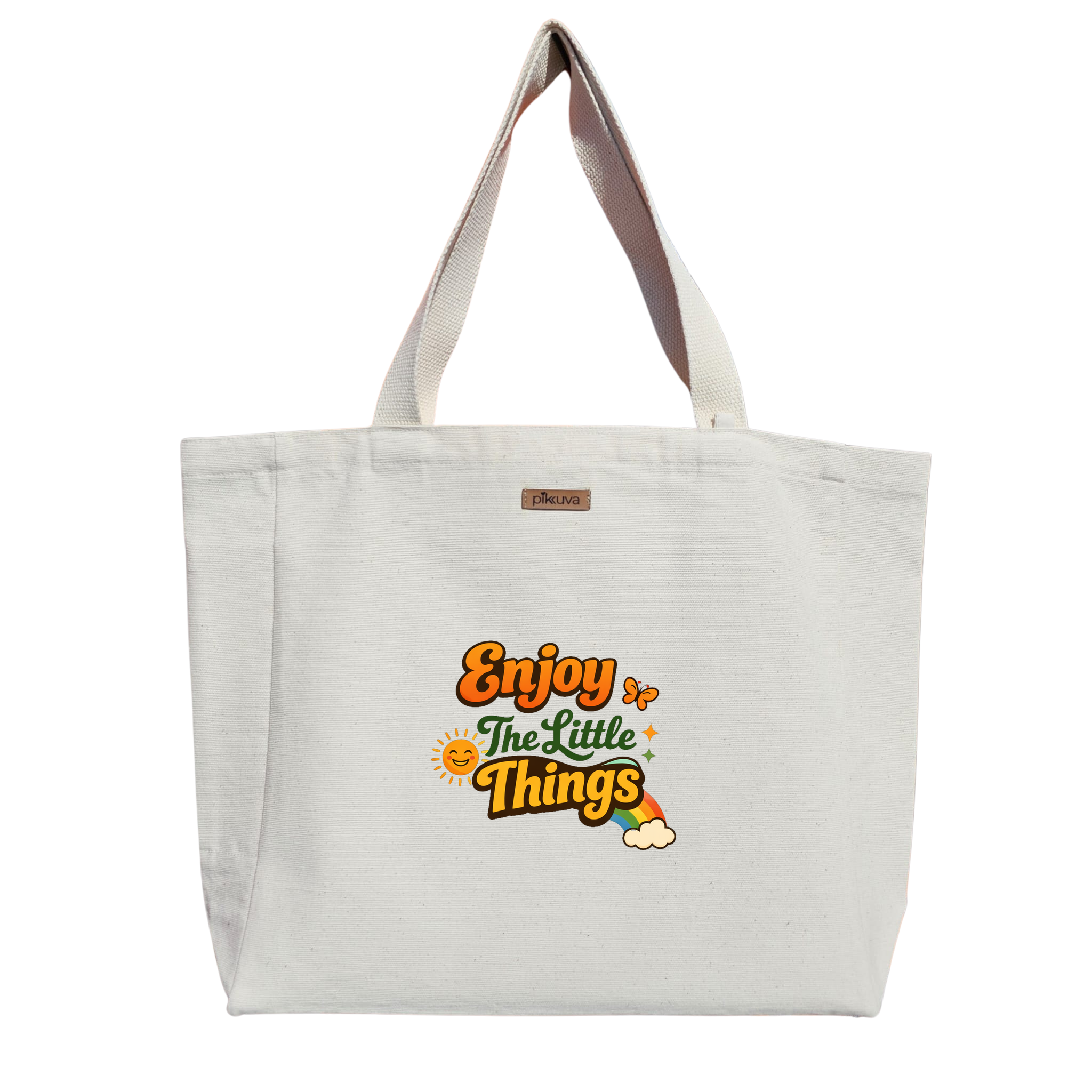 Natural Canvas Tote Bag, Natural Handle, White Velcro, Water Bottle Holder
