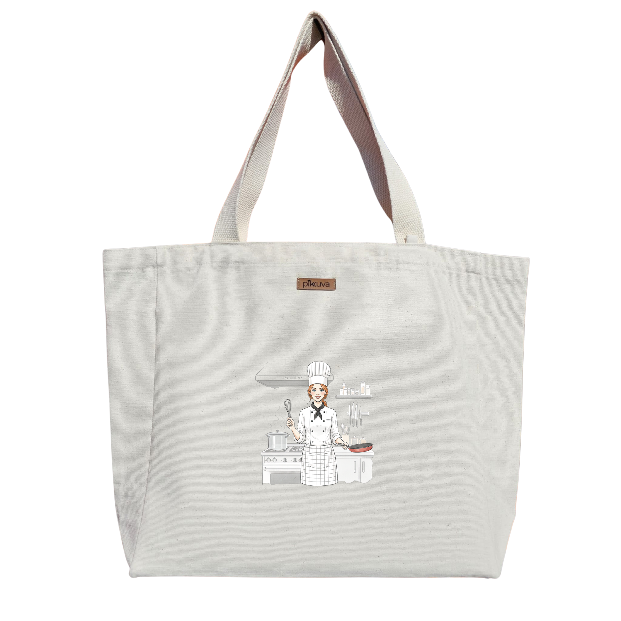 Natural Canvas Tote Bag, Natural Handle, White Velcro, Water Bottle Holder — 12x20