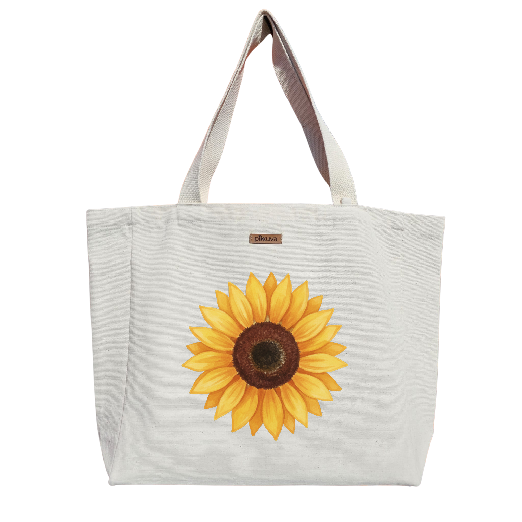Günebakan Çiçeği Deseni Sunflower design Baskılı Naturel Kanvas Bez Çanta Sap Beyaz Cırt Cırtlı Suluk Tutuculu — 20x24