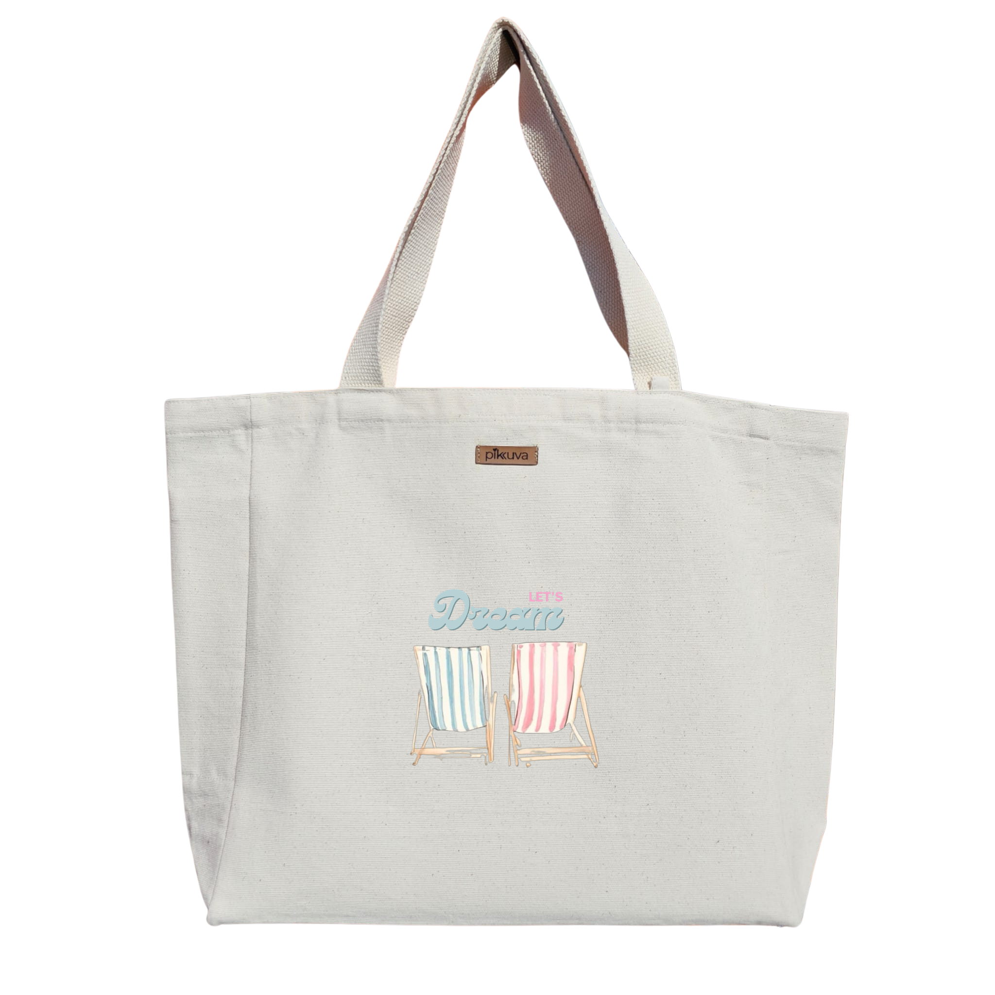 Natural Canvas Tote Bag, Natural Handle, White Velcro, Water Bottle Holder — 12x20