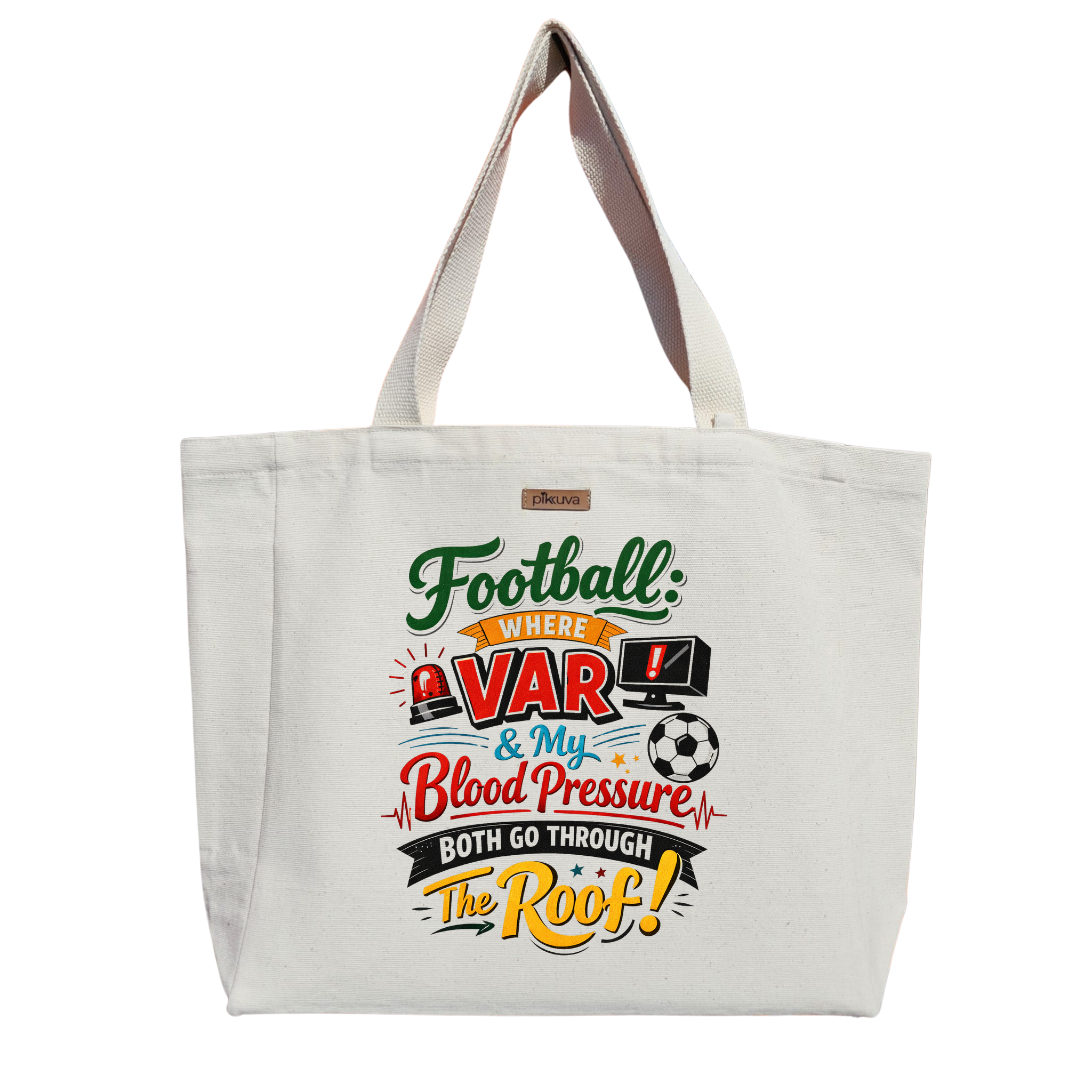 Kırmızı Futbol Logo VAR Detayıyla Eğlenceli Stil ve dinamik Baskılı Naturel Kanvas Bez Çanta Sap Beyaz Cırt Cırtlı Suluk Tutuculu — 20x24