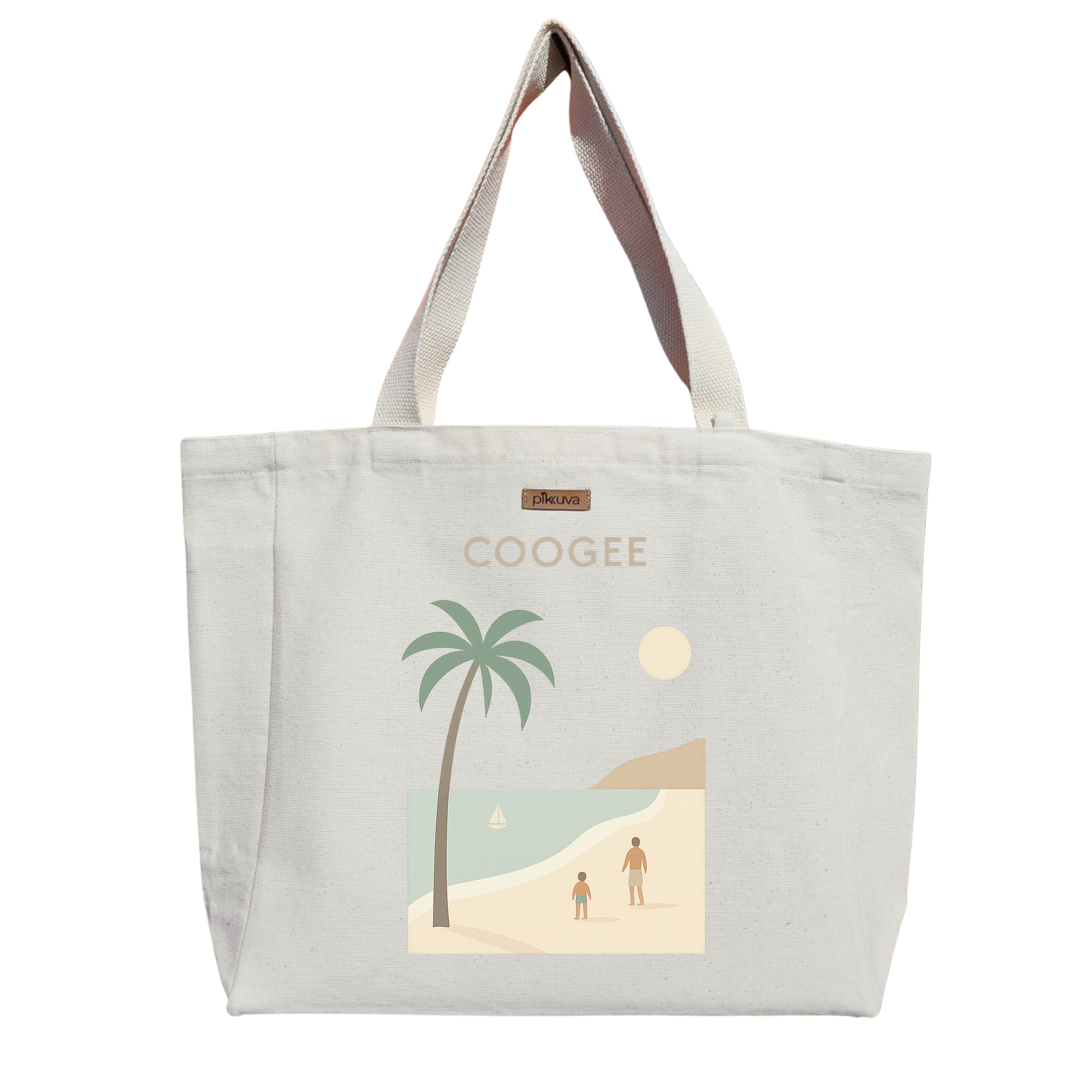 Natural Canvas Tote Bag, Natural Handle, White Velcro, Water Bottle Holder — 20x24