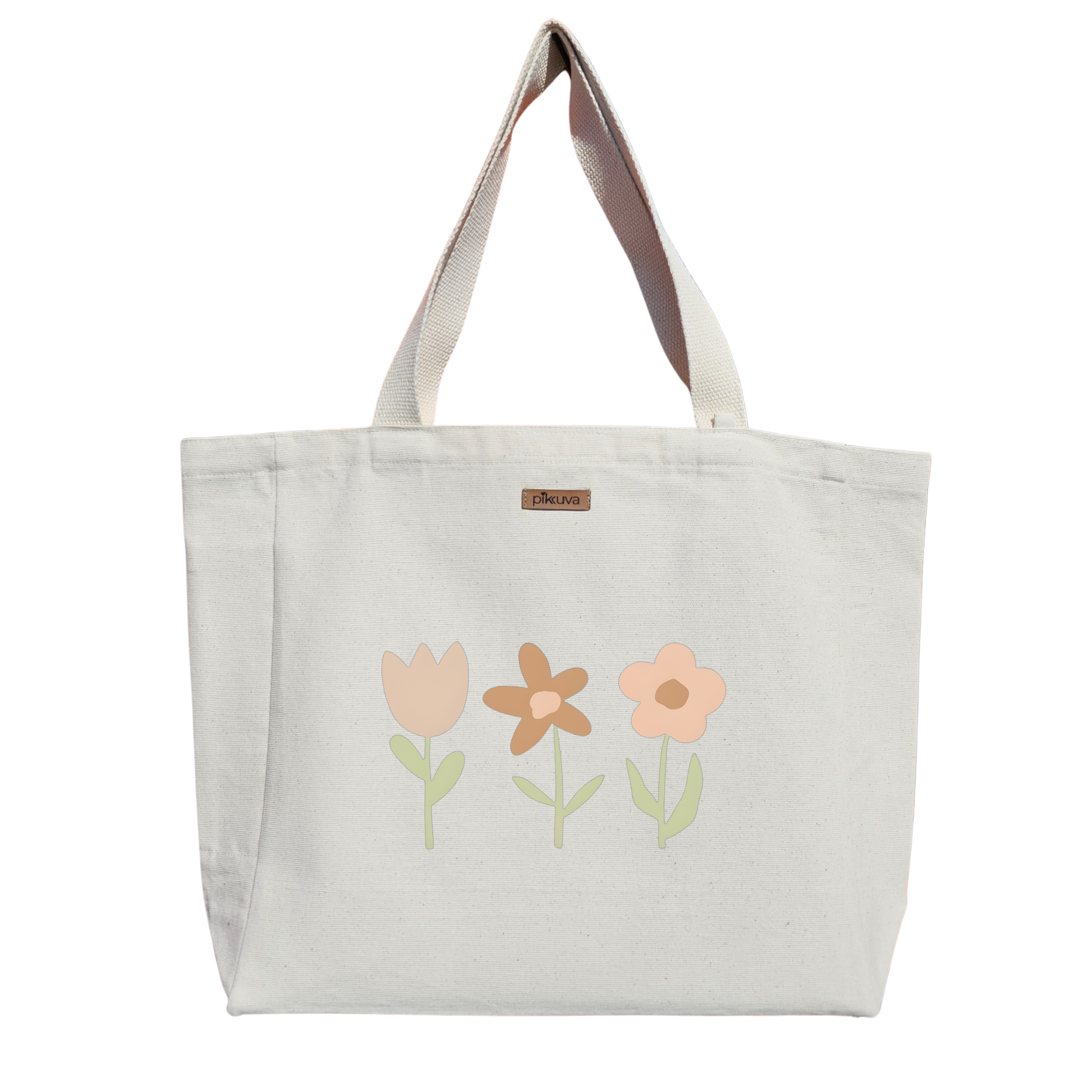 Natural Canvas Tote Bag, Natural Handle, White Velcro, Water Bottle Holder — 20x12