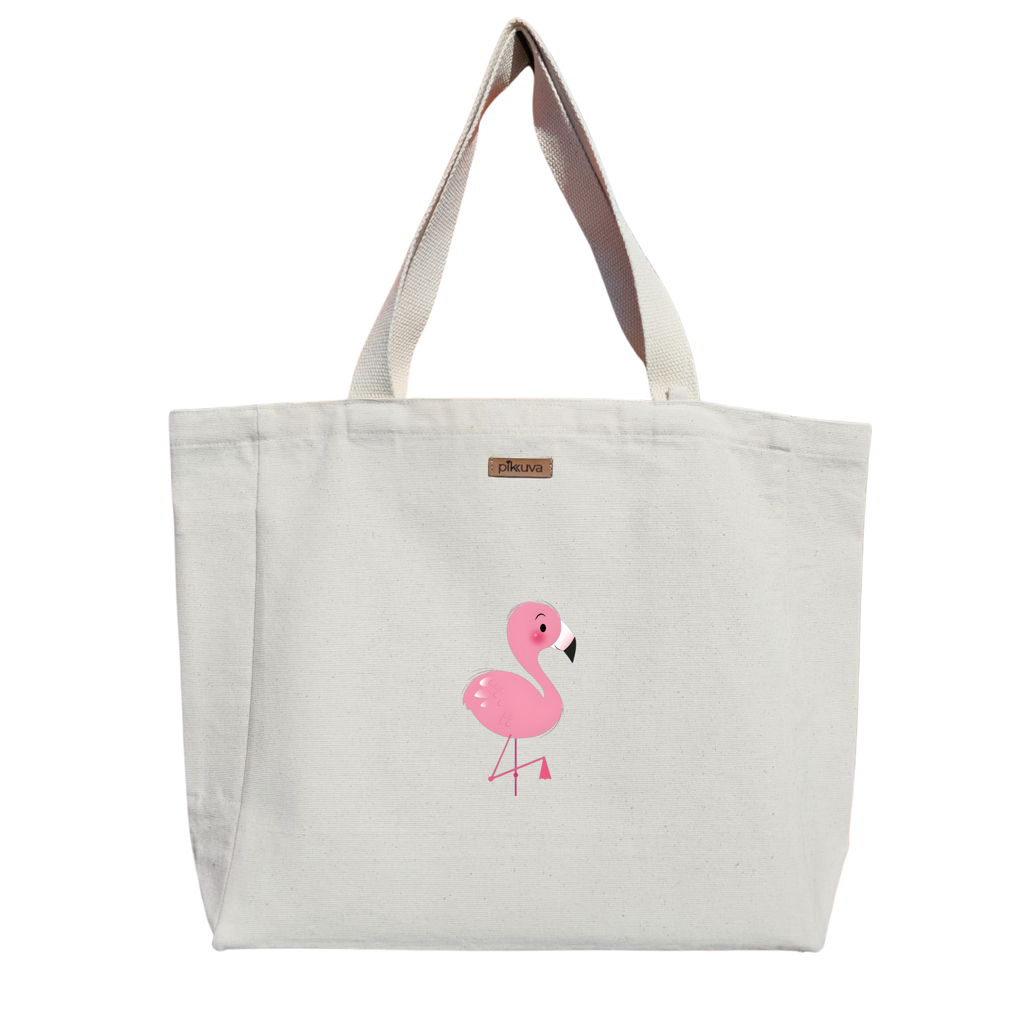 Pembe Flamingo ve Tropikal Yapraklar Baskılı Naturel Kanvas Bez Çanta Sap Beyaz Cırt Cırtlı Suluk Tutuculu