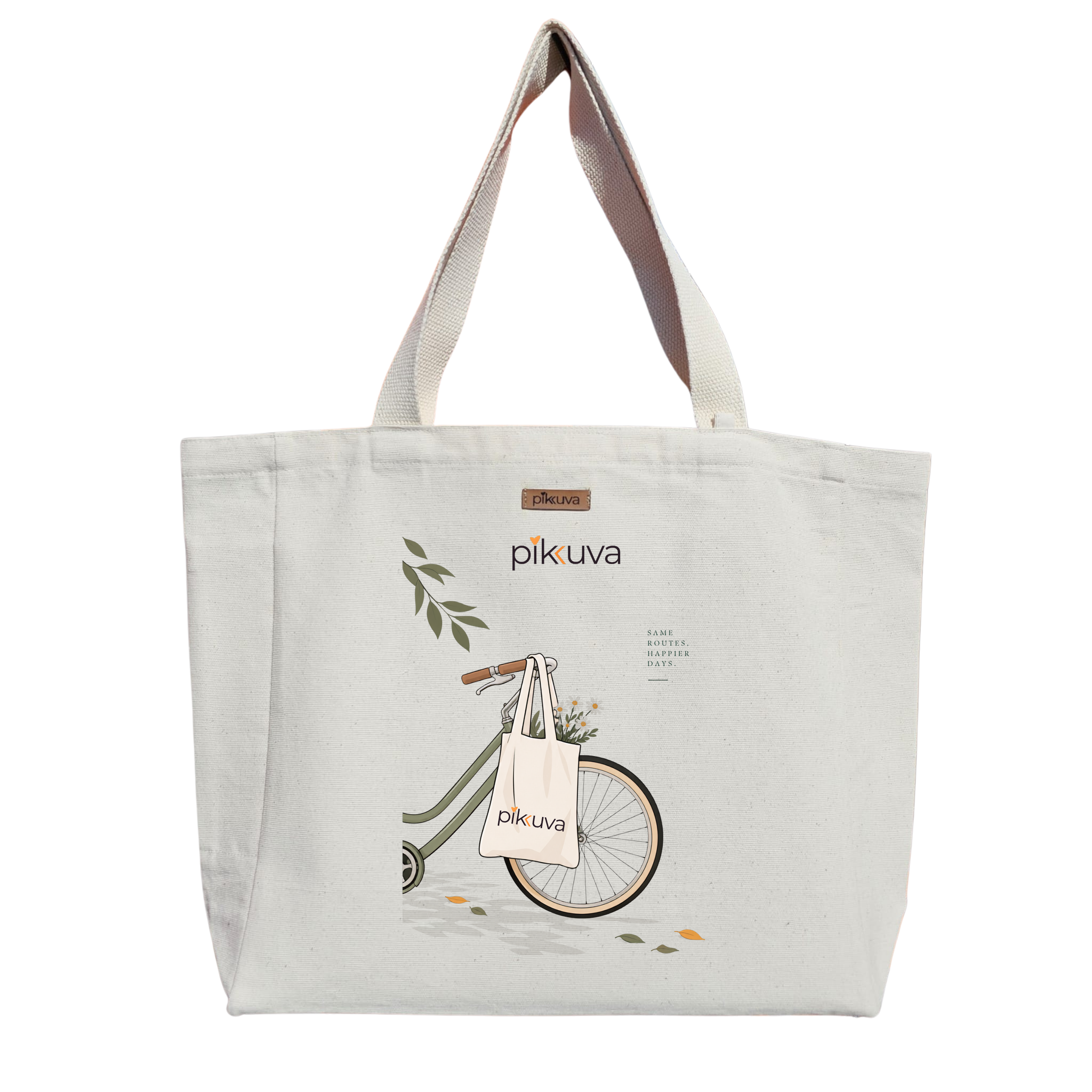 Bisiklet ve Çiçeklerle Dolu Tote Çanta SAME ROUTES HAPPIER DAYS Baskılı Naturel Kanvas Bez Sap Beyaz Cırt Cırtlı Suluk Tutuculu — 20x24