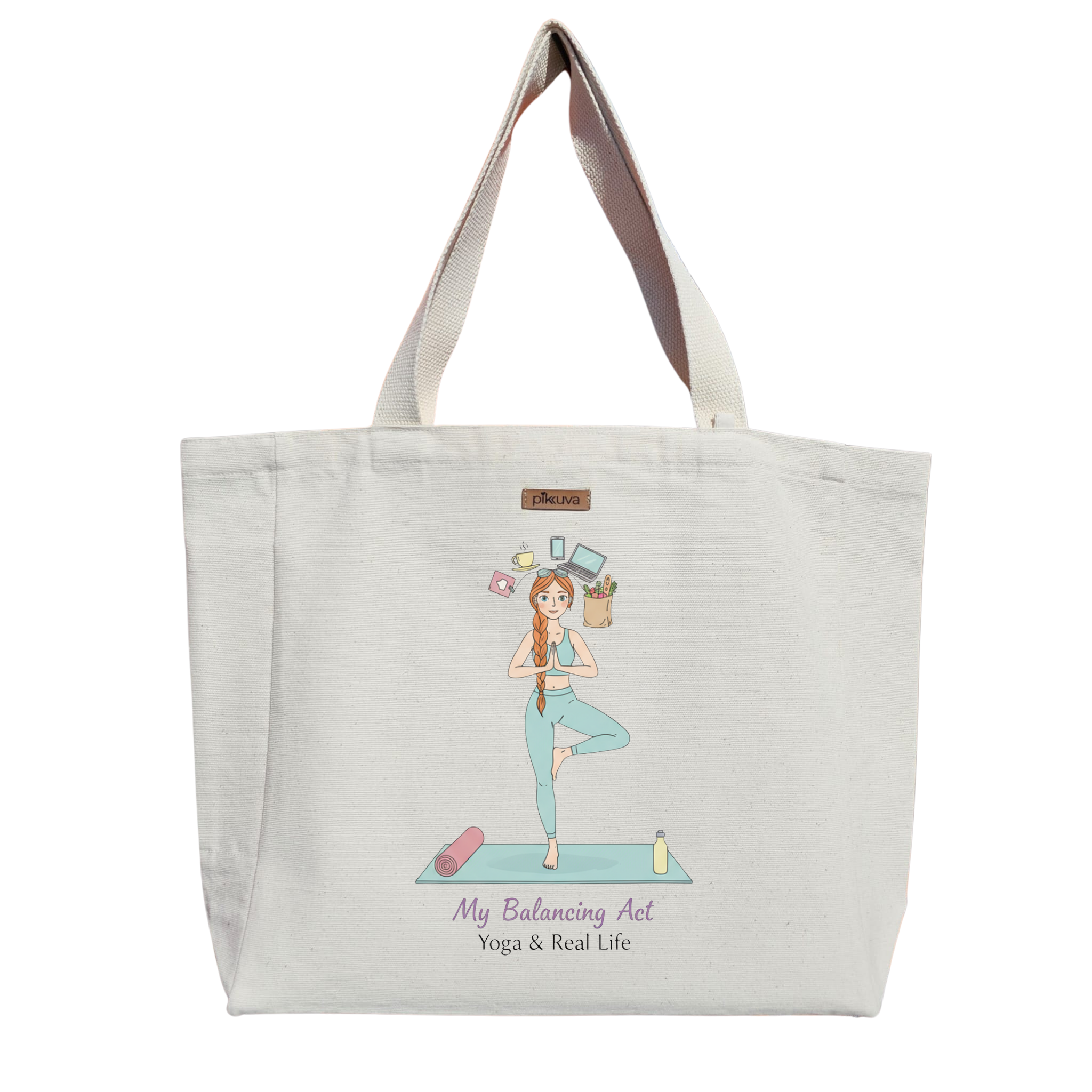 Natural Canvas Tote Bag, Natural Handle, White Velcro, Water Bottle Holder — 20x24