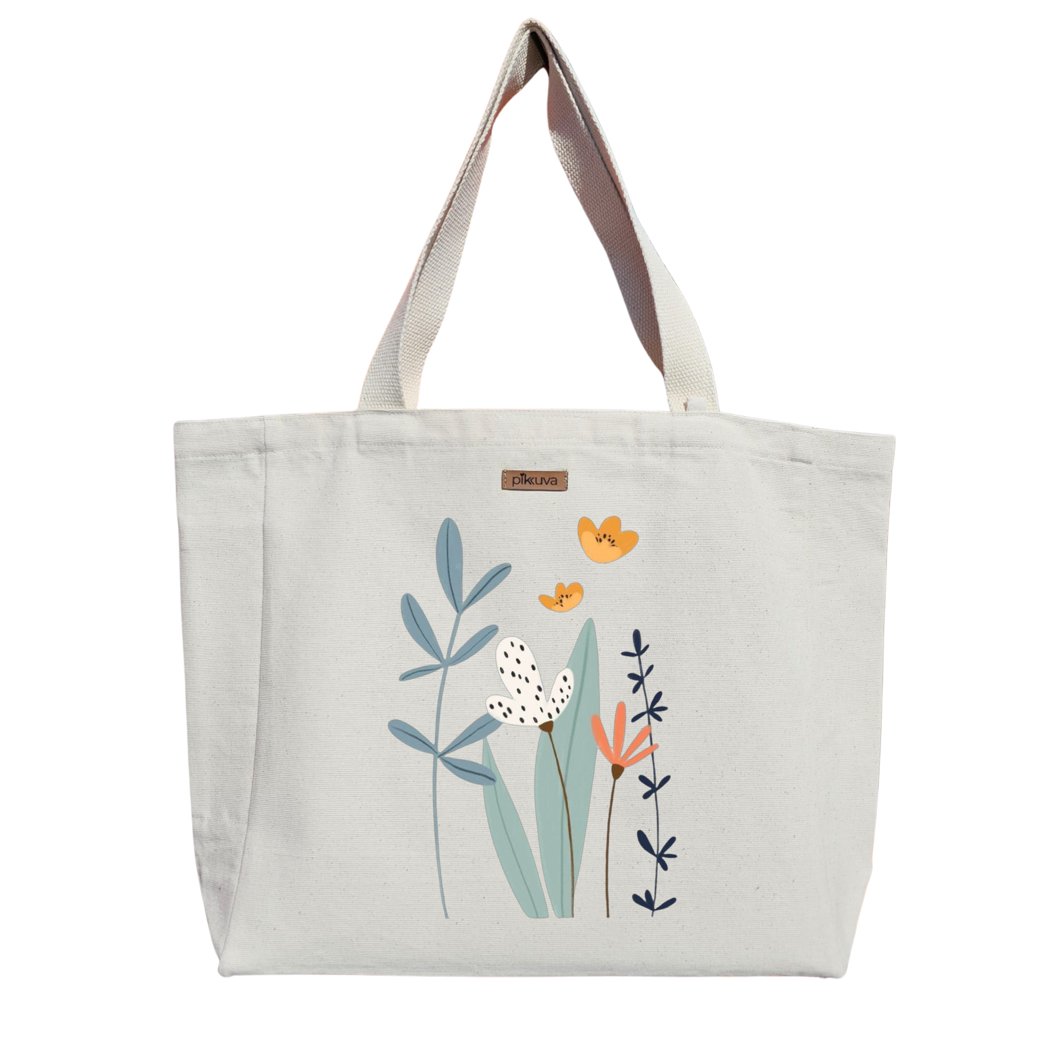 Natural Canvas Tote Bag, Natural Handle, White Velcro, Water Bottle Holder — 20x24