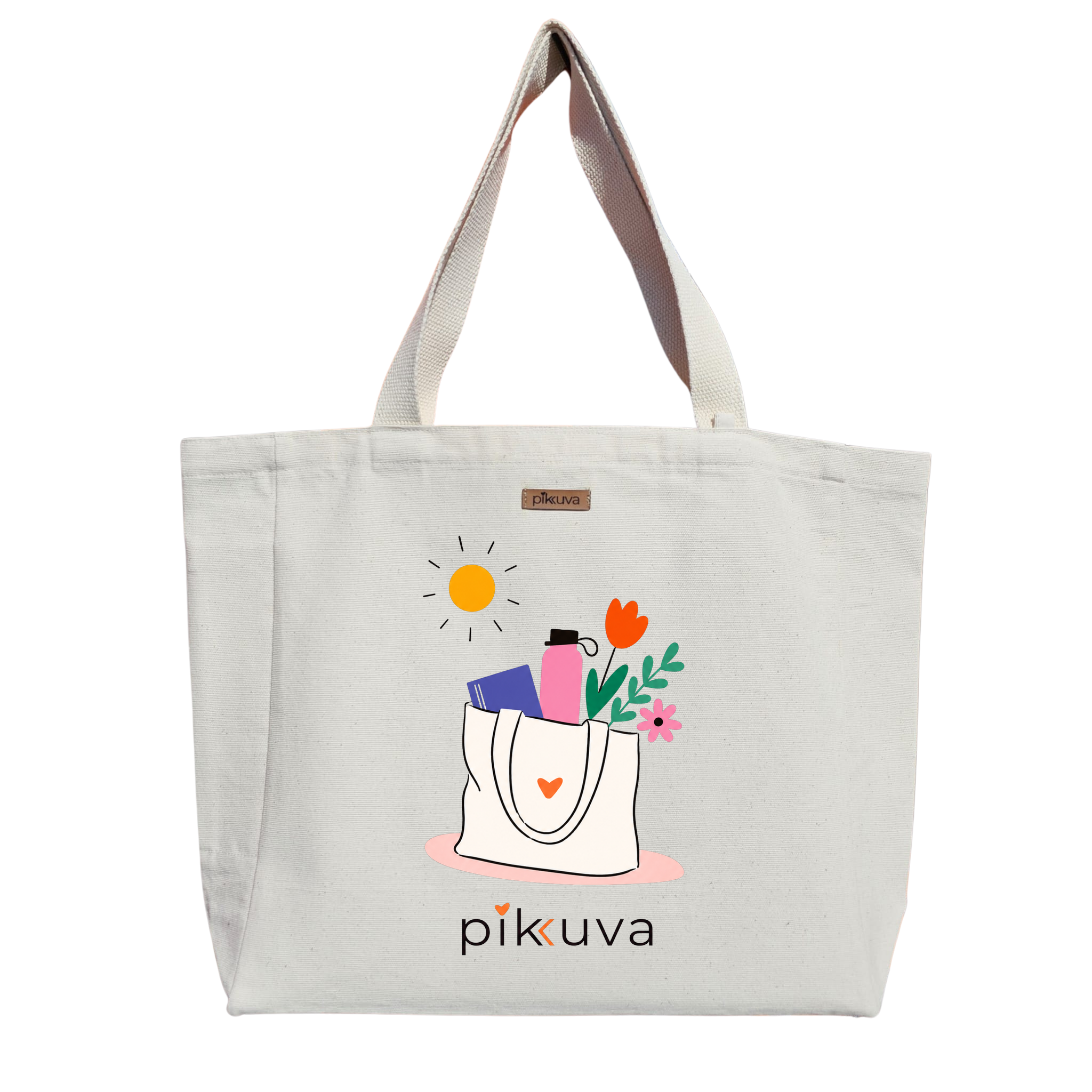 Güneşli Gün Tote Çantası Sunny Day Bag Baskılı Naturel Kanvas Bez Çanta Sap Beyaz Cırt Cırtlı Suluk Tutuculu — 20x24