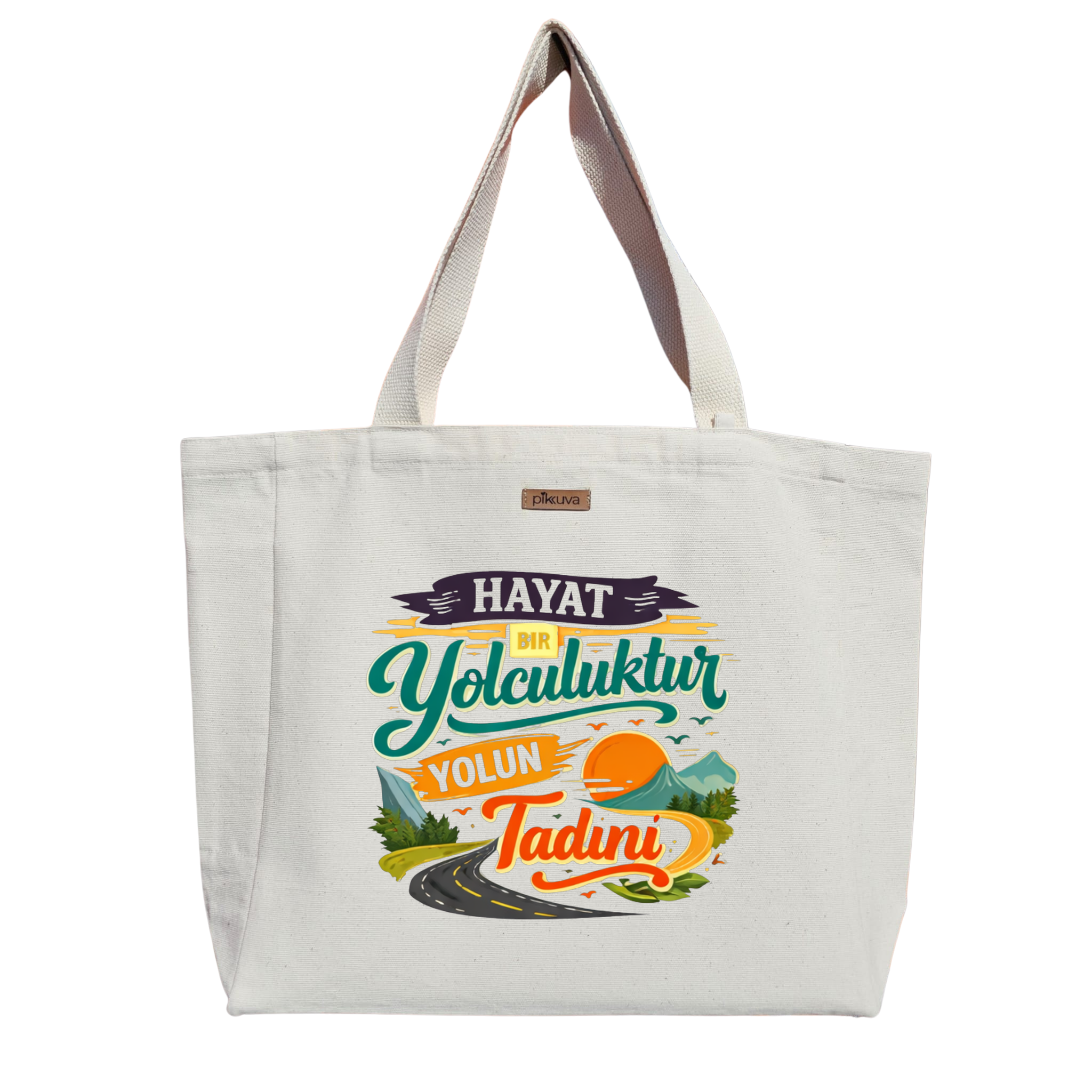 Natural Canvas Tote Bag, Natural Handle, White Velcro, Water Bottle Holder
