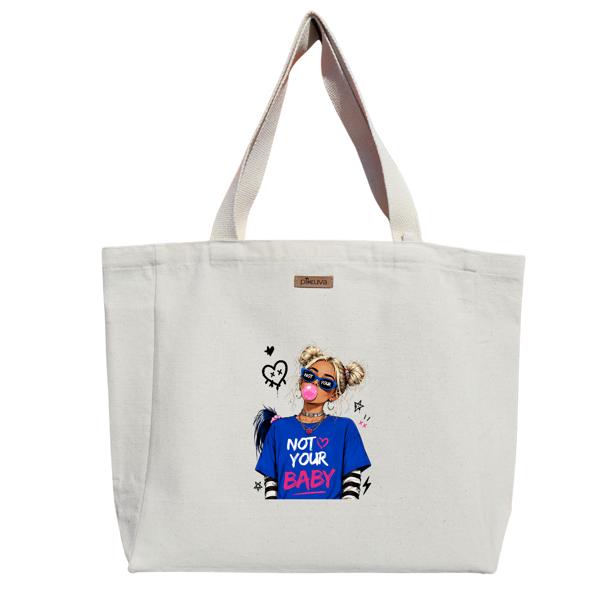 Natural Canvas Tote Bag, Natural Handle, White Velcro, Water Bottle Holder — 12x20