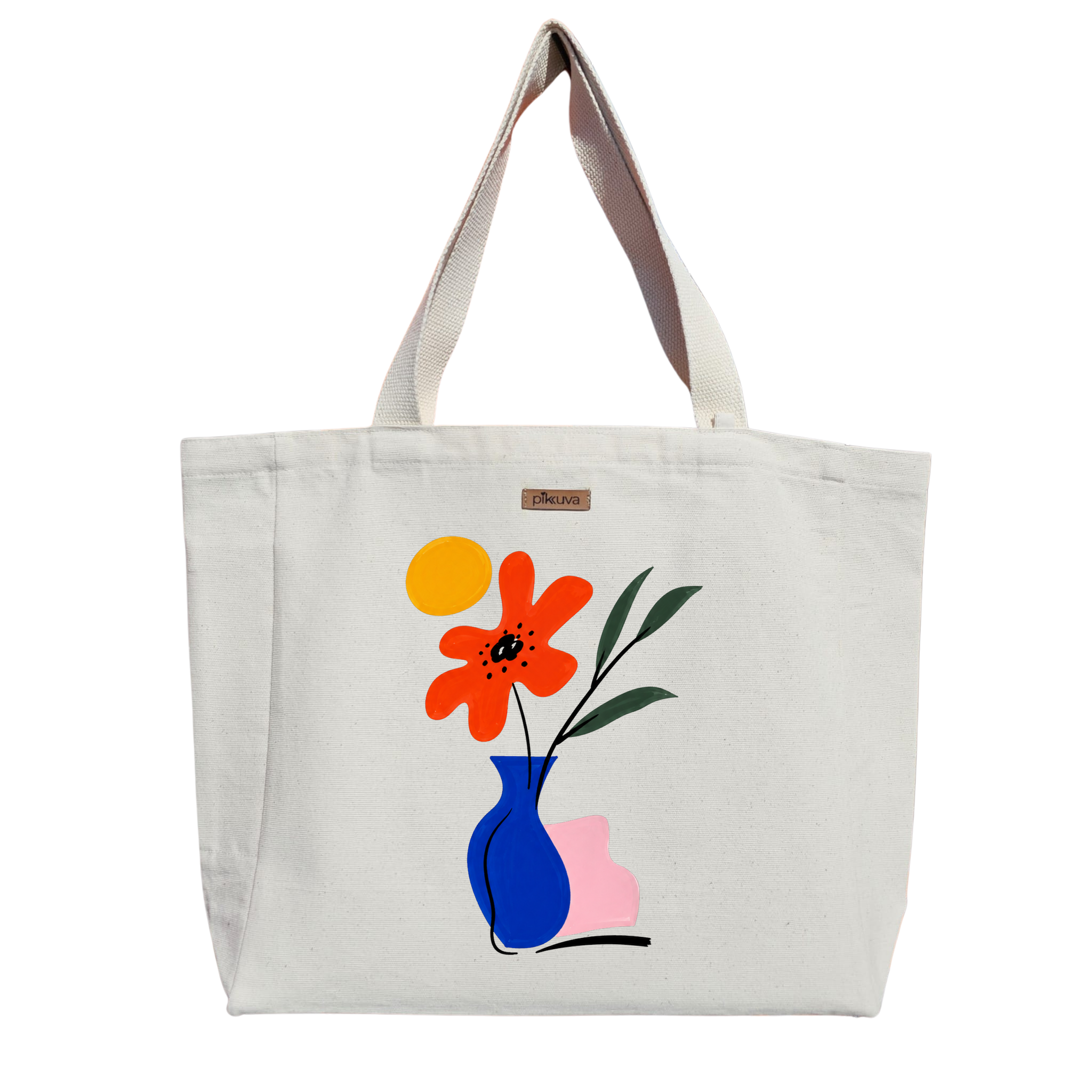 Natural Canvas Tote Bag, Natural Handle, White Velcro, Water Bottle Holder — 20x24