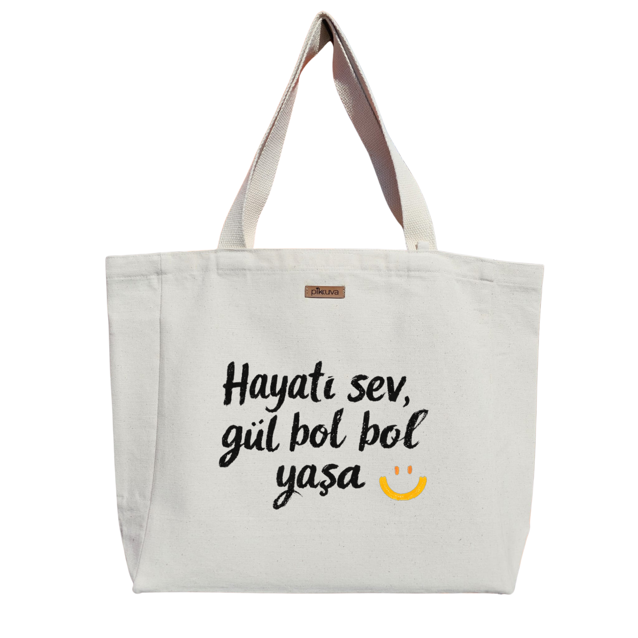 Gülümseyen Yüz ve Renkli Hayat Baskılı Naturel Kanvas Bez Çanta Sap Beyaz Cırt Cırtlı Suluk Tutuculu