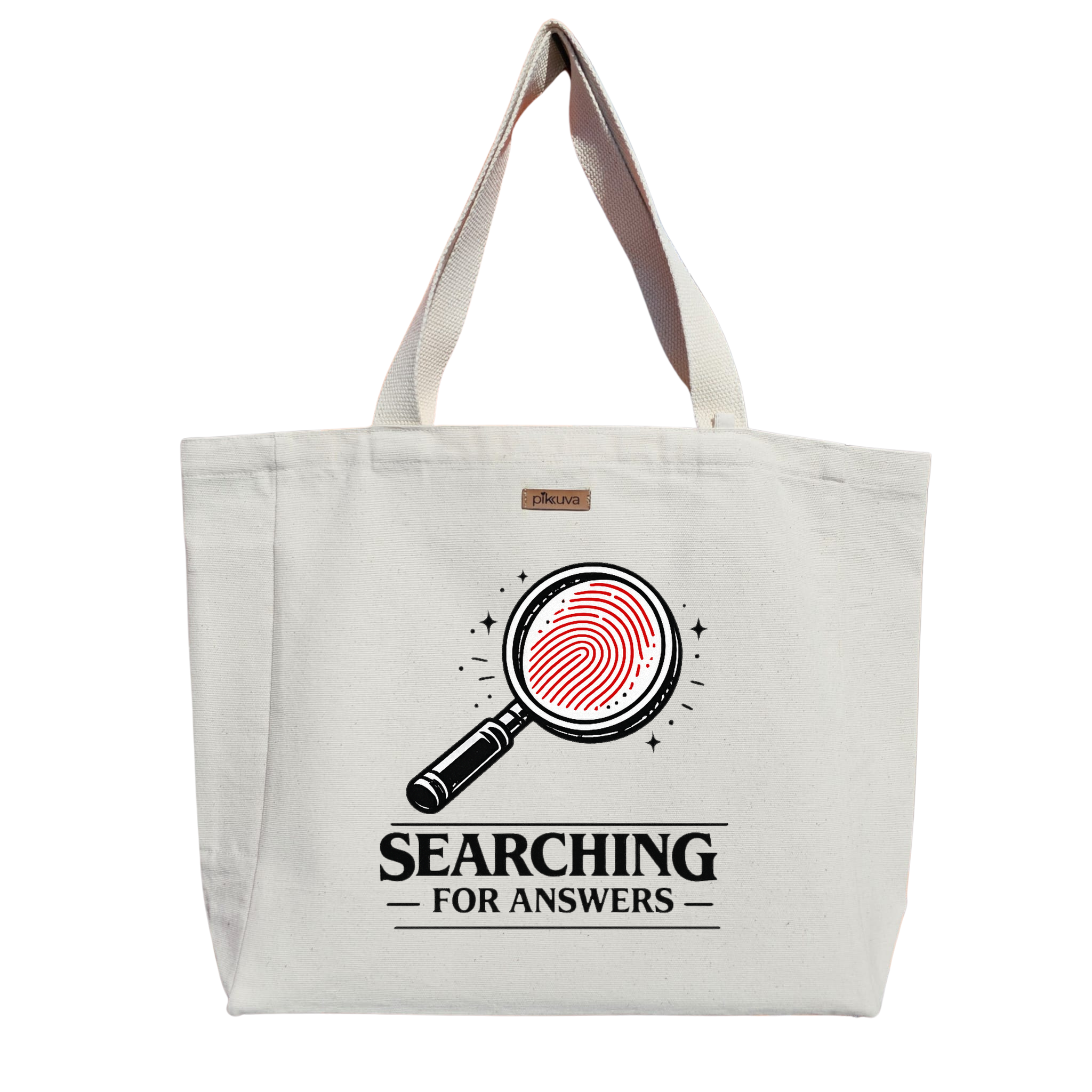 Kırmızı Parmak İzi Büyüteci SEARCHING FOR ANSWERS Baskılı Naturel Kanvas Bez Çanta Sap Beyaz Cırt Cırtlı Suluk Tutuculu — 20x24