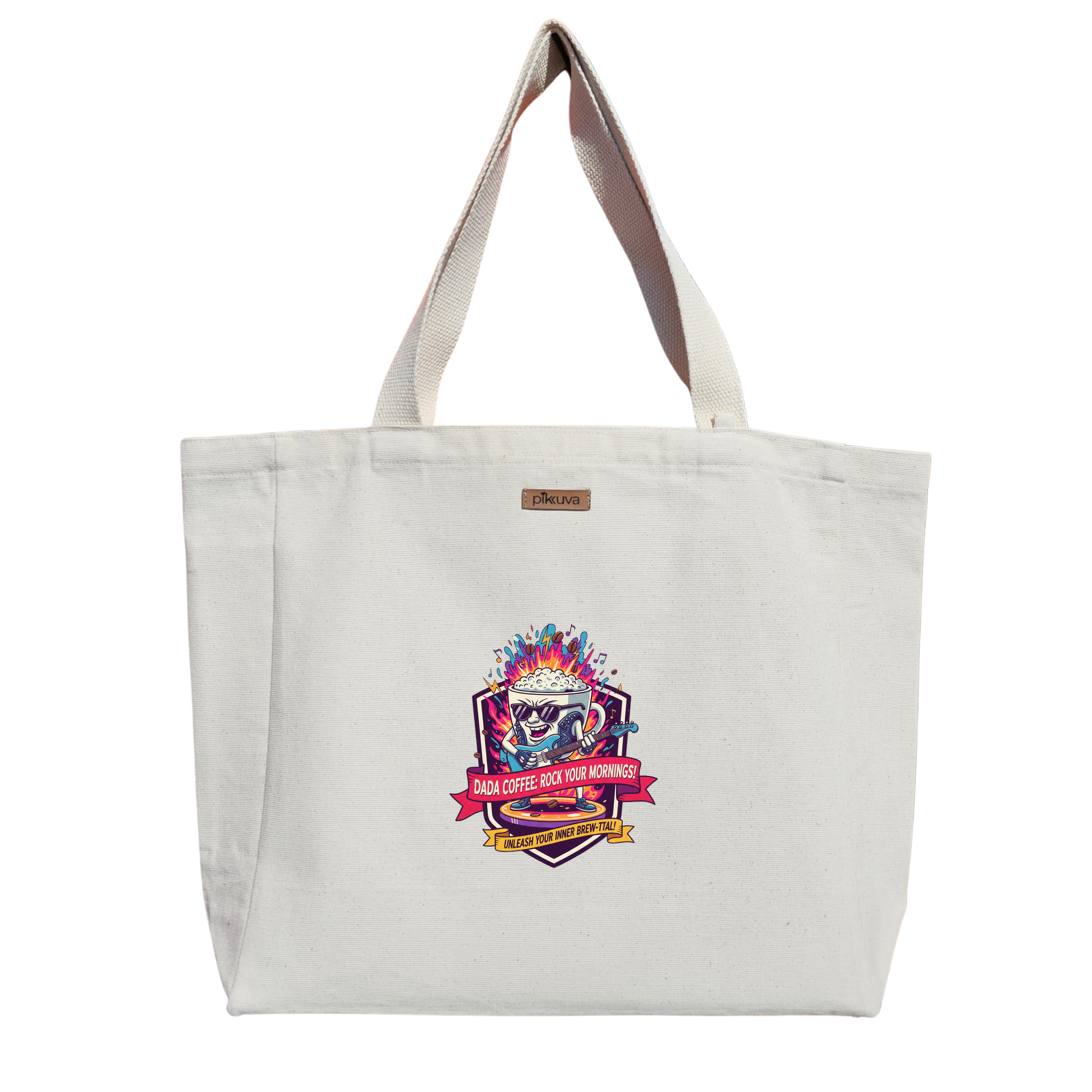 Natural Canvas Tote Bag, Natural Handle, White Velcro, Water Bottle Holder — 12x20