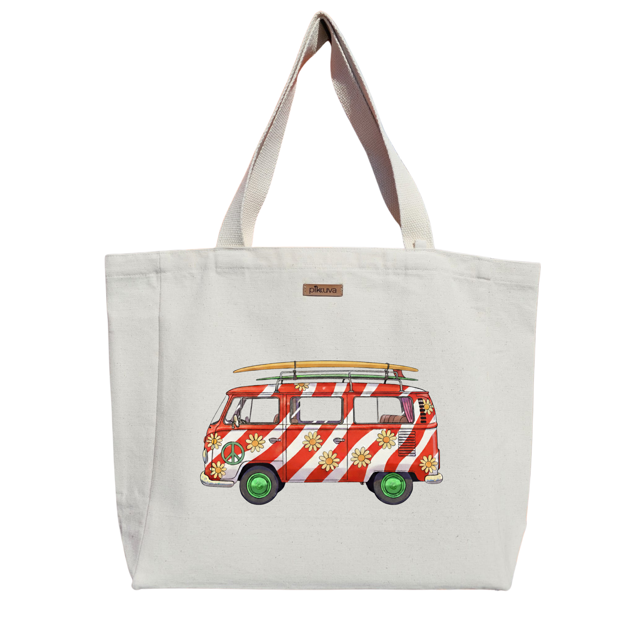 Natural Canvas Tote Bag, Natural Handle, White Velcro, Water Bottle Holder — 24x20
