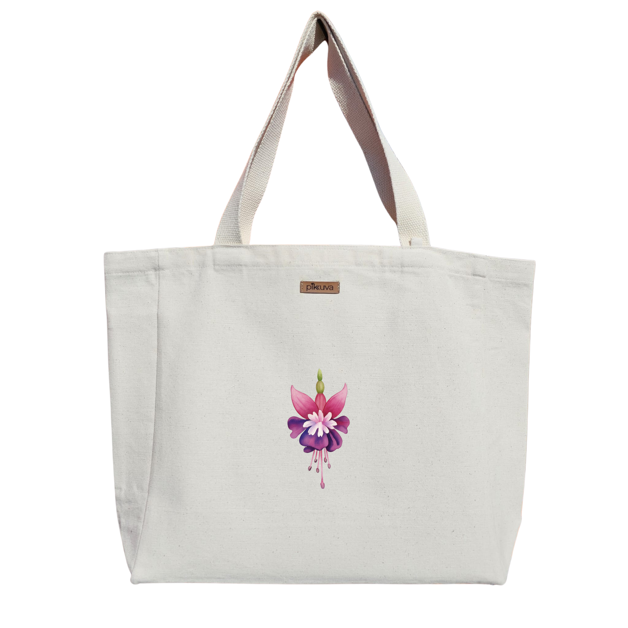 Renkli Fuchsia Çiçeği Tasarımı flower Baskılı Naturel Kanvas Bez Çanta Sap Beyaz Cırt Cırtlı Suluk Tutuculu