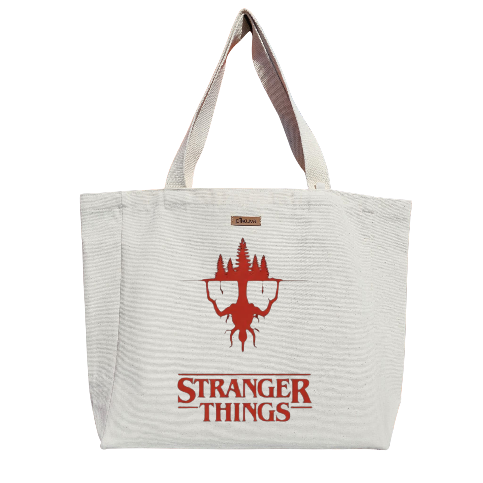 Natural Canvas Tote Bag, Natural Handle, White Velcro, Water Bottle Holder — 20x24
