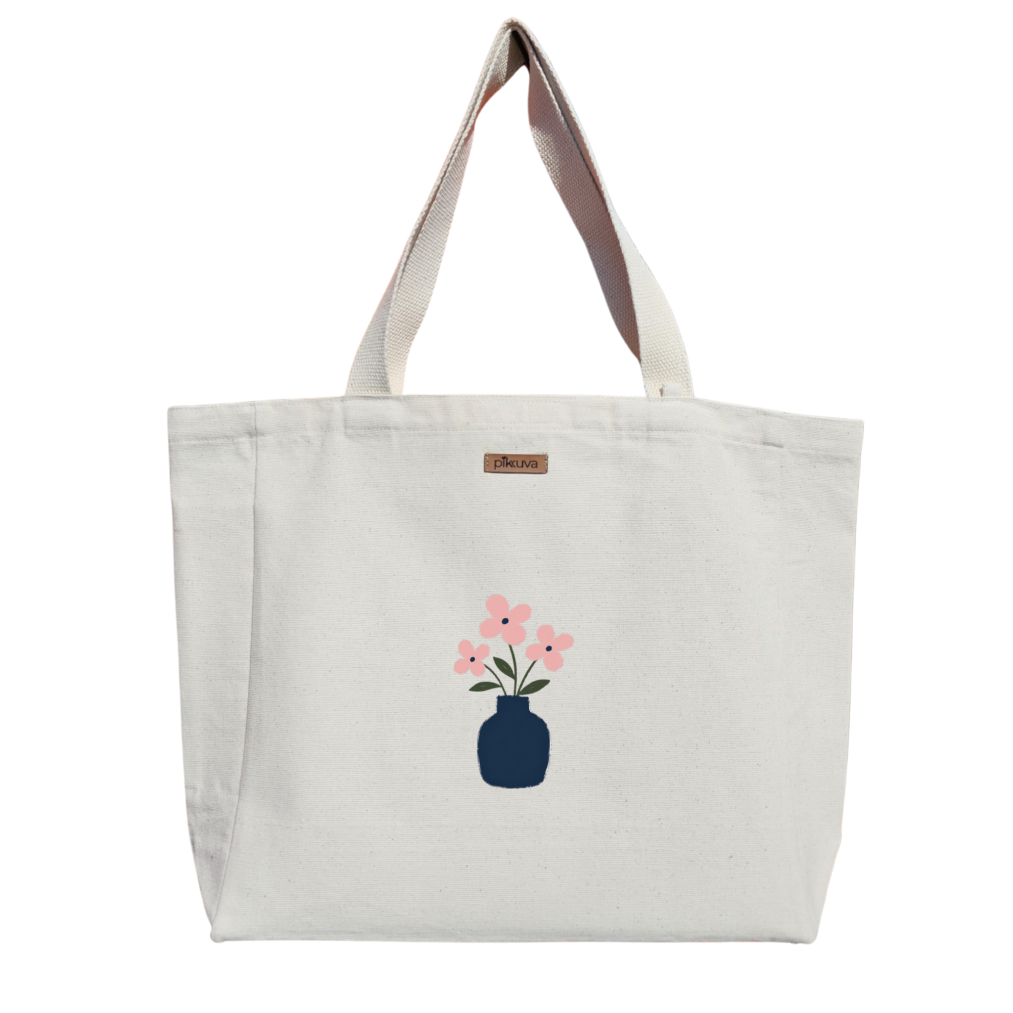 Mavi Vazo İçindeki Pembe Çiçekler Blue vase with pink flowers Baskılı Naturel Kanvas Bez Çanta Sap Beyaz Cırt Cırtlı Suluk Tutuculu
