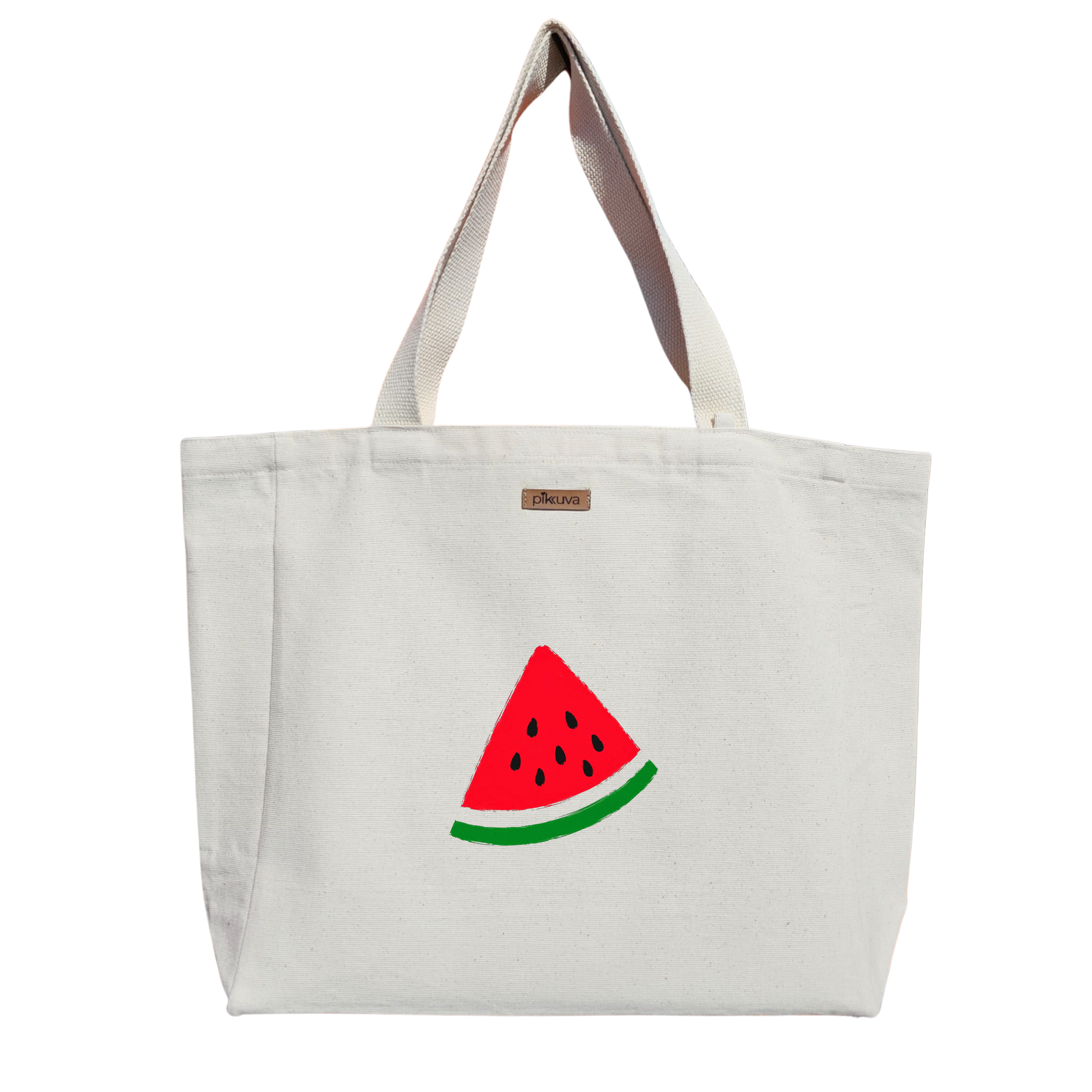 Natural Canvas Tote Bag, Natural Handle, White Velcro, Water Bottle Holder — 12x20