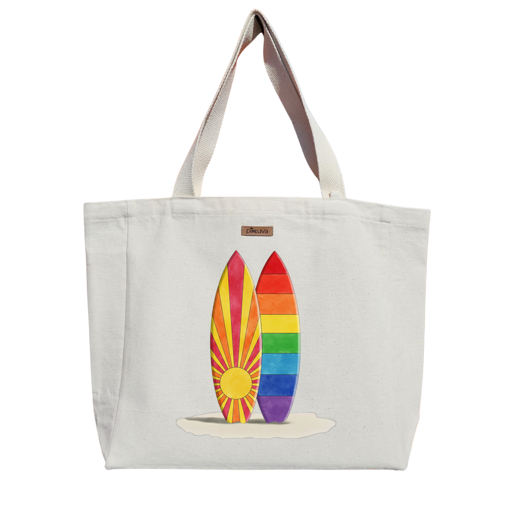 Natural Canvas Tote Bag, Natural Handle, White Velcro, Water Bottle Holder — 20x24