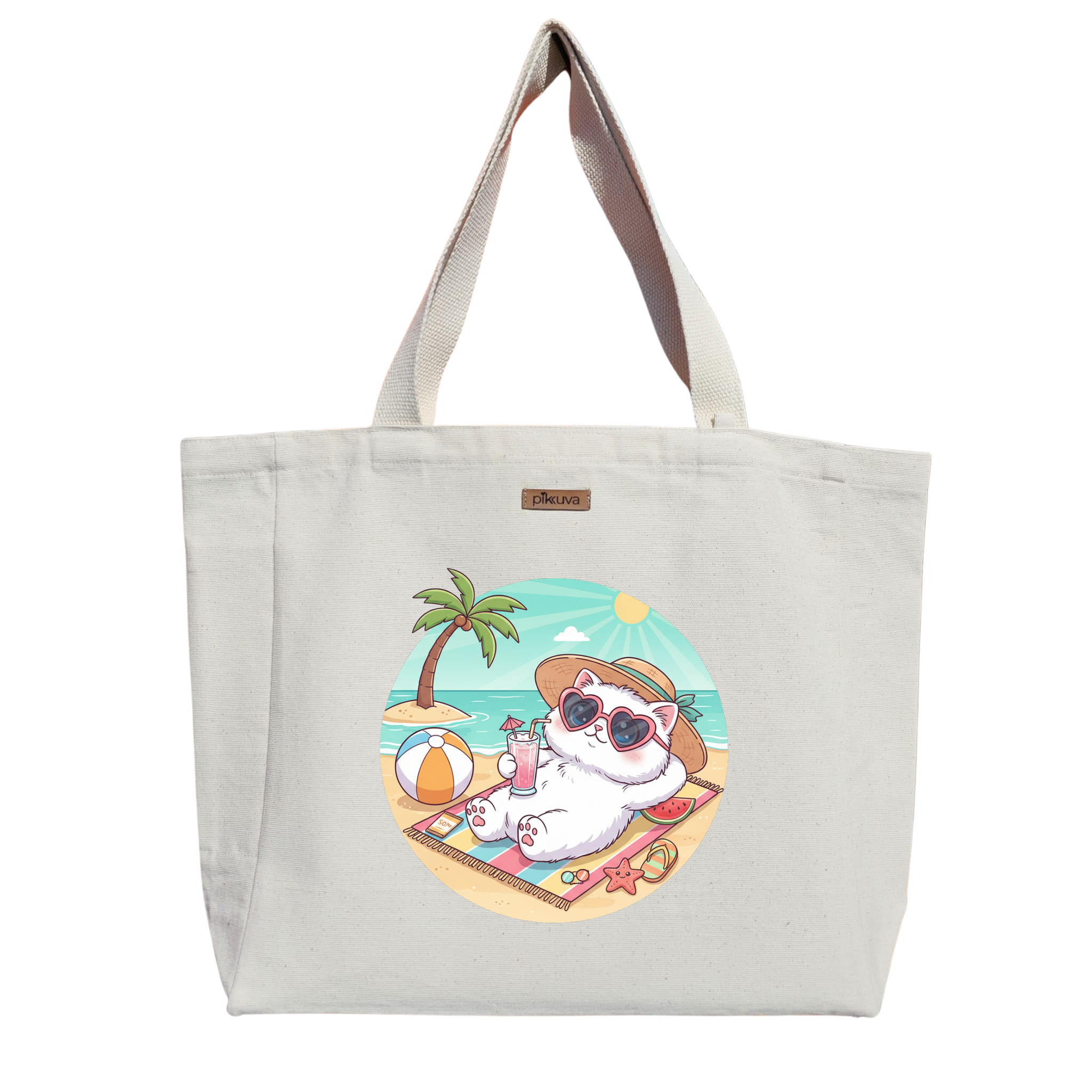 Natural Canvas Tote Bag, Natural Handle, White Velcro, Water Bottle Holder — 20x24