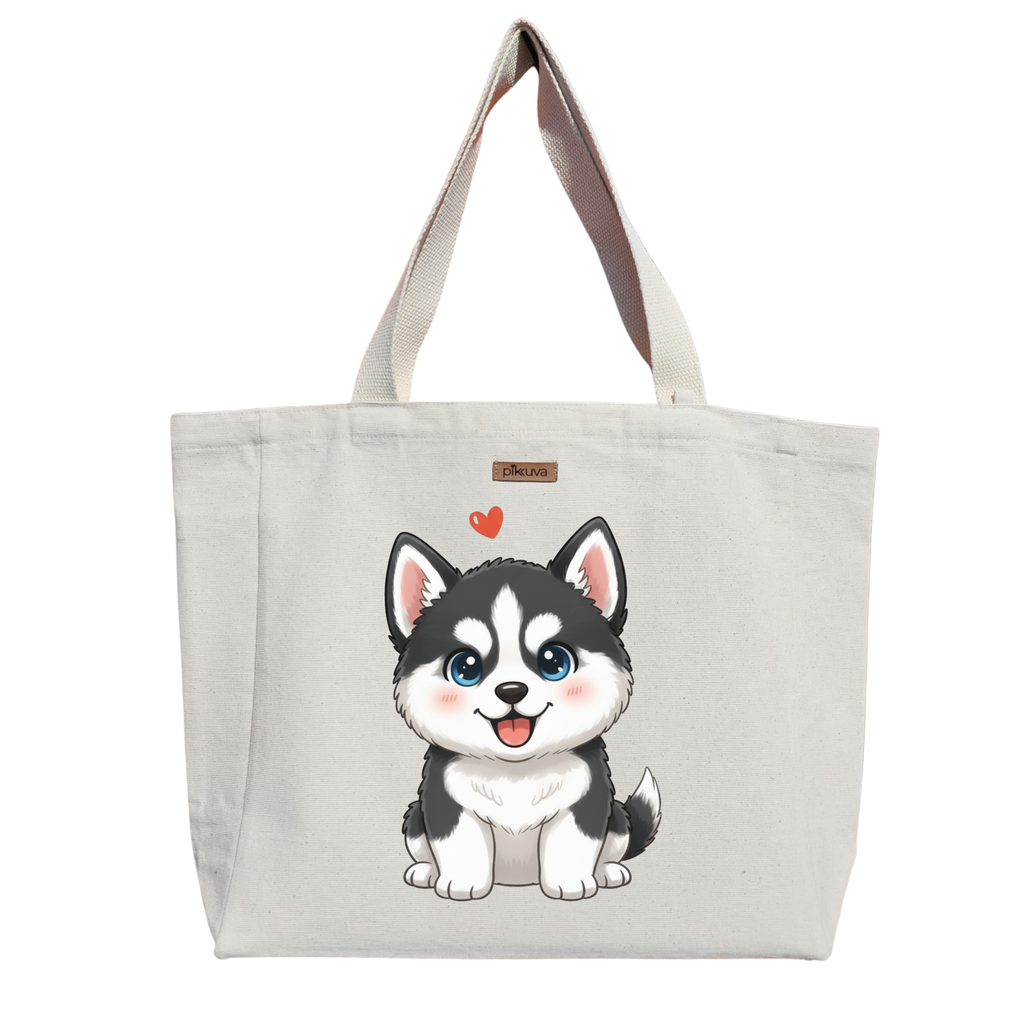 Sevimli Siberian Husky Yavru Cute puppy Baskılı Naturel Kanvas Bez Çanta Sap Beyaz Cırt Cırtlı Suluk Tutuculu — 20x24