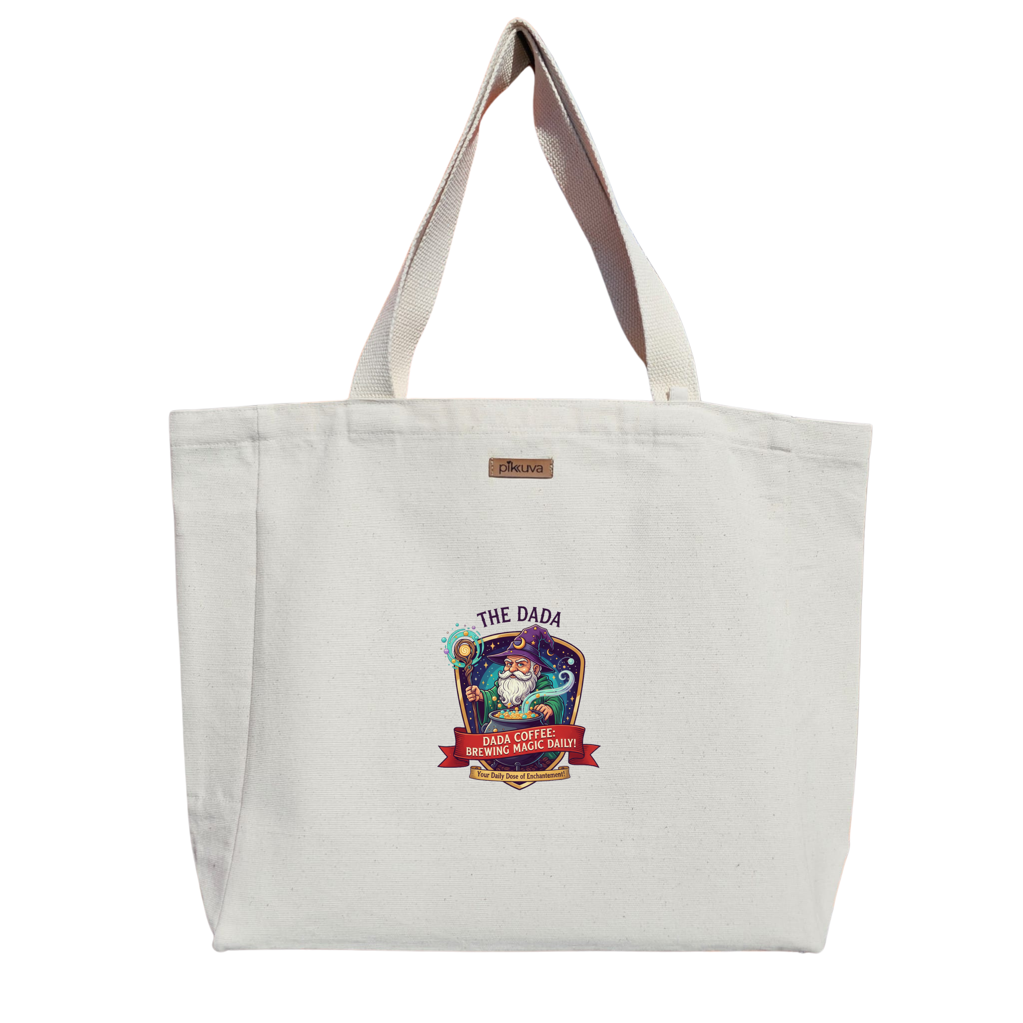 Natural Canvas Tote Bag, Natural Handle, White Velcro, Water Bottle Holder