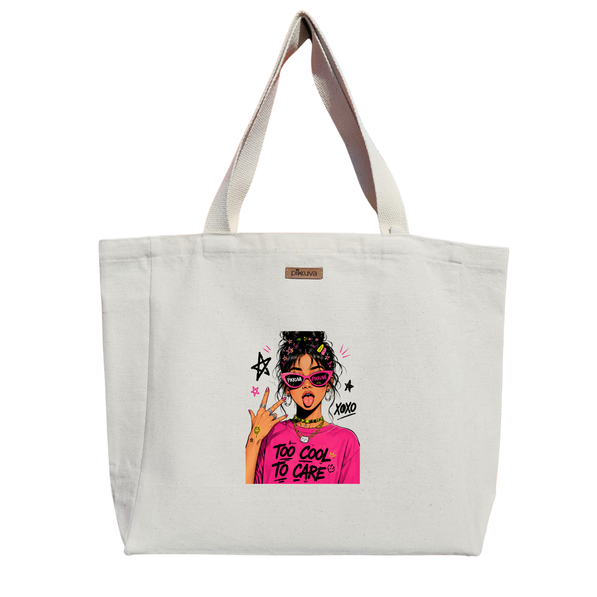 Natural Canvas Tote Bag, Natural Handle, White Velcro, Water Bottle Holder — 12x20