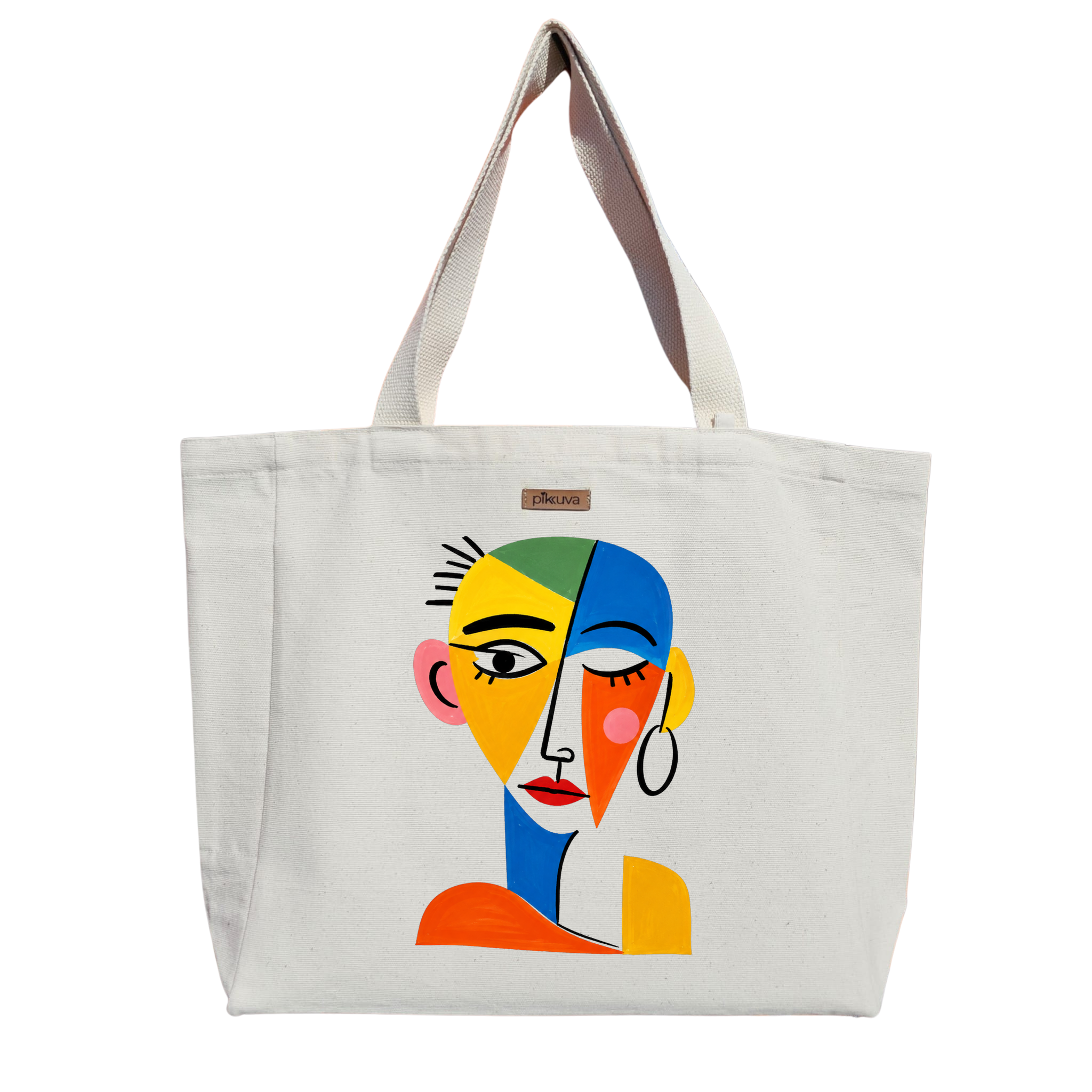 Natural Canvas Tote Bag, Natural Handle, White Velcro, Water Bottle Holder — 20x24