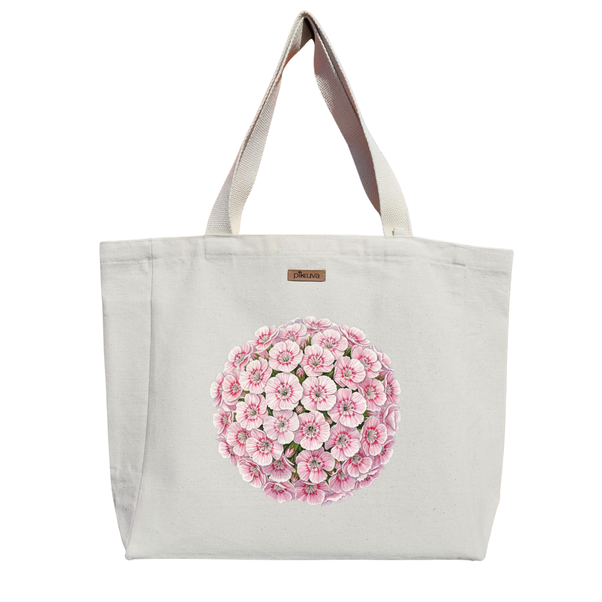 Natural Canvas Tote Bag, Natural Handle, White Velcro, Water Bottle Holder — 20x24