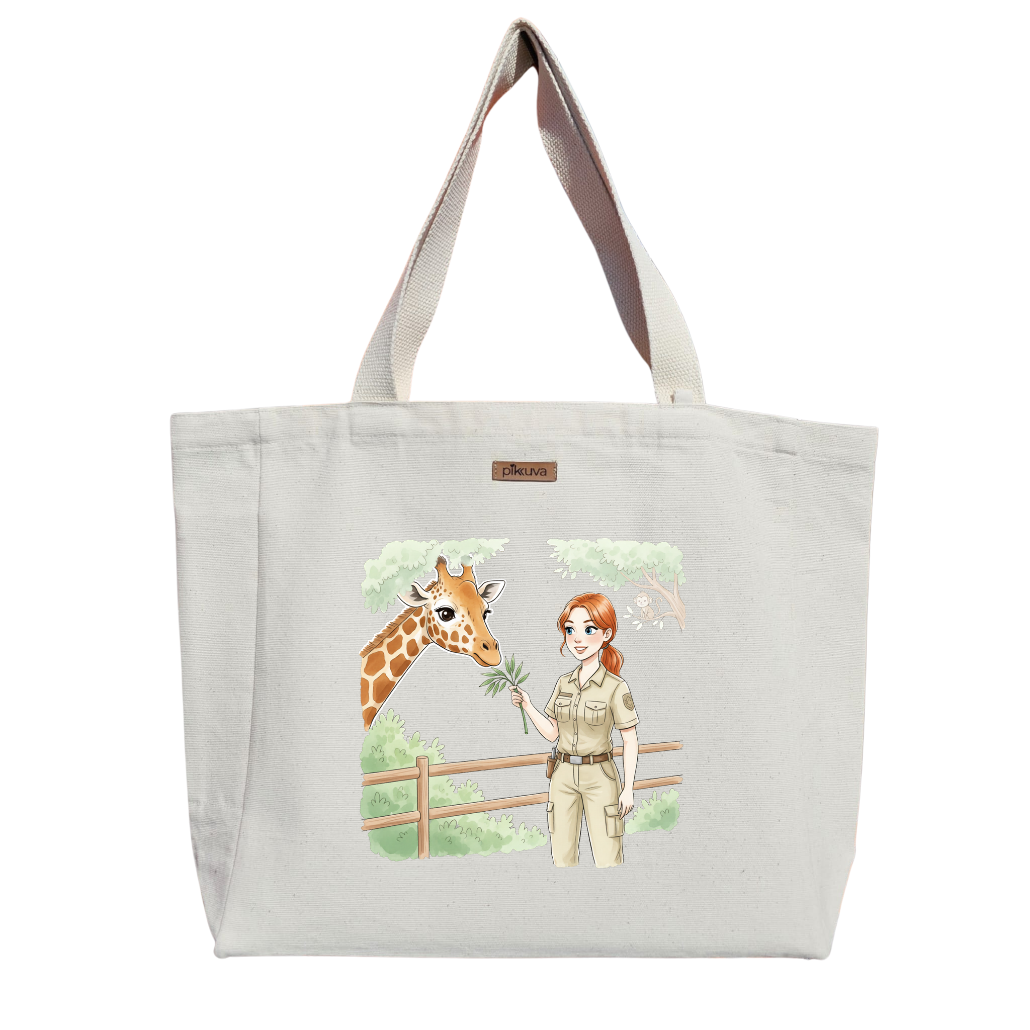 Natural Canvas Tote Bag, Natural Handle, White Velcro, Water Bottle Holder — 20x24
