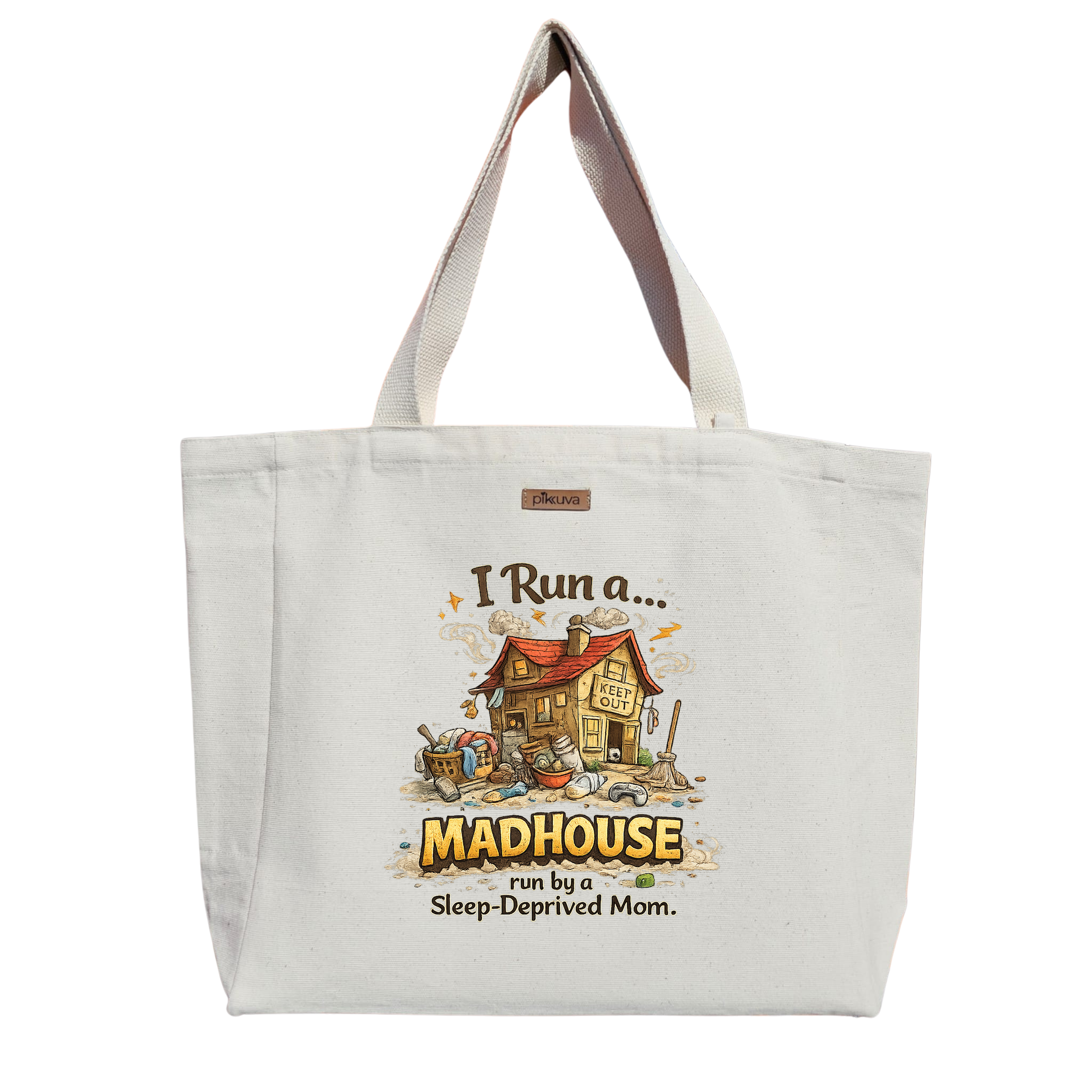 Natural Canvas Tote Bag, Natural Handle, White Velcro, Water Bottle Holder — 20x24