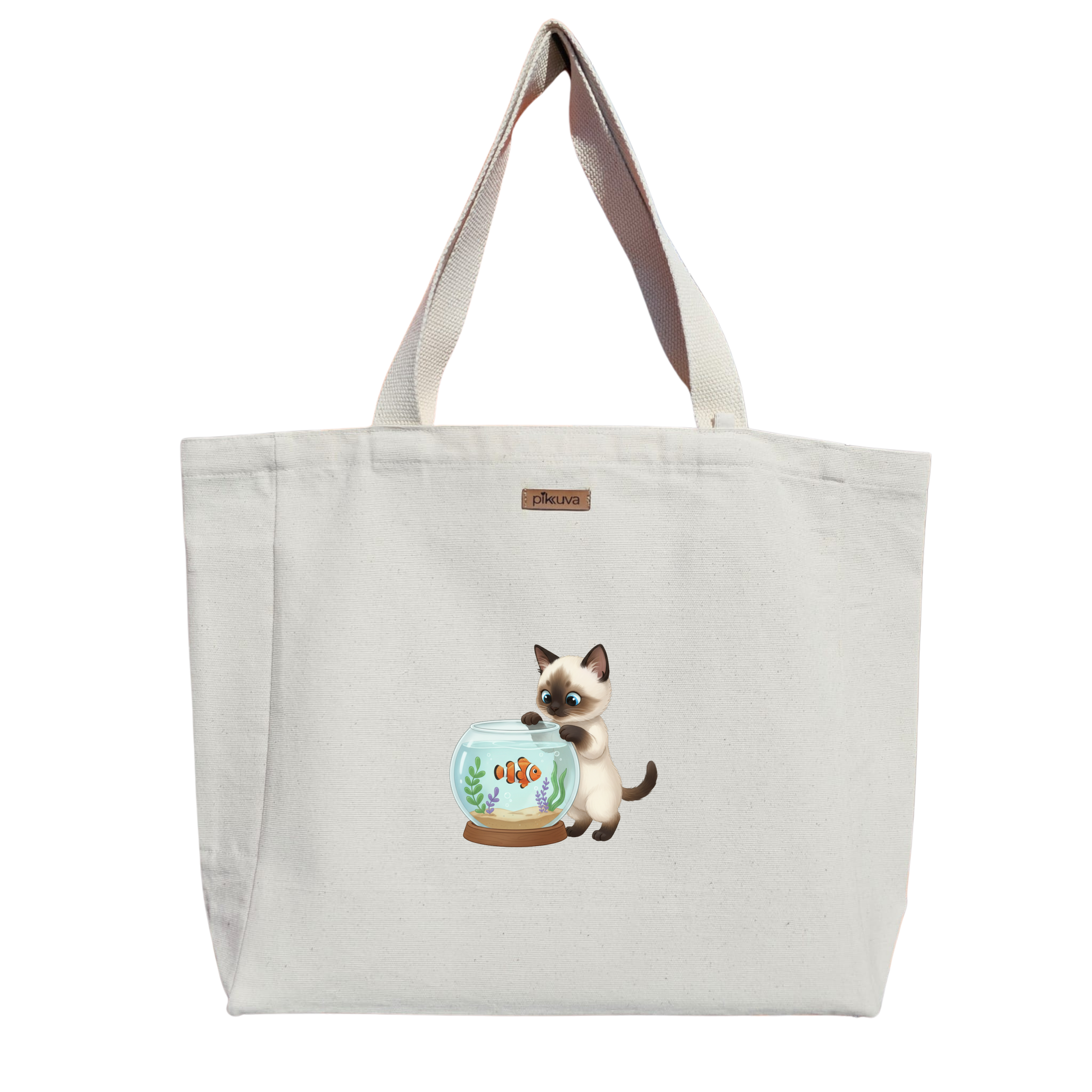 Sevimli Kedi ve Balık Cute Cat and Fish Pastel Mavi Baskılı Naturel Kanvas Bez Çanta Sap Beyaz Cırt Cırtlı Suluk Tutuculu — 12x20