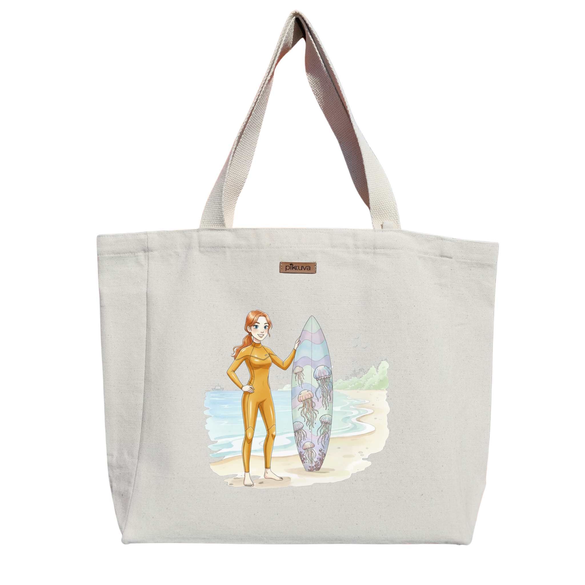 Natural Canvas Tote Bag, Natural Handle, White Velcro, Water Bottle Holder — 20x24