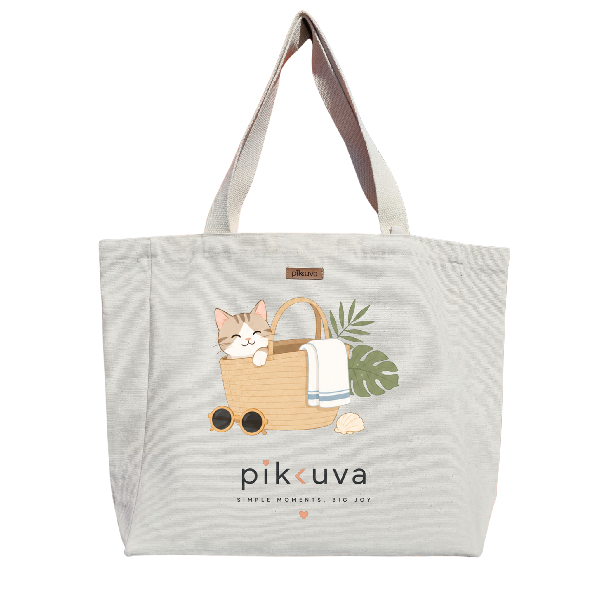 Güneşli Günlerde Mutlu Kedi Simple moments big joy Baskılıı Naturel Kanvas Bez Çanta Sap Beyaz Cırt Cırtlı Suluk Tutuculu — 20x24