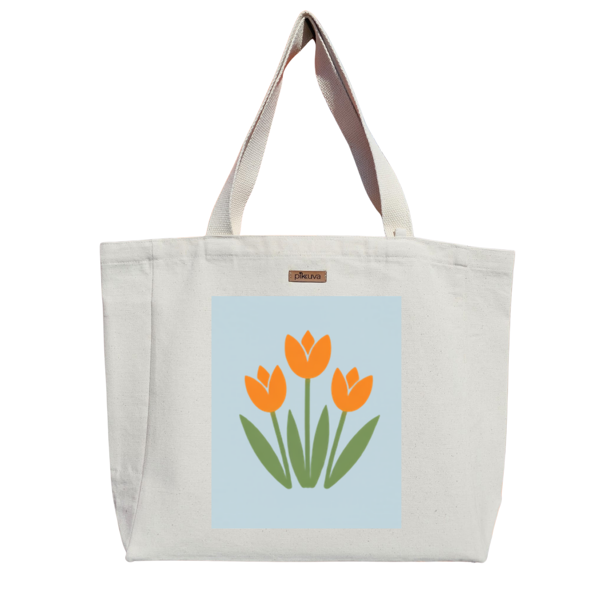 Turuncu Lale Figürü Minimalist Tasarım Orange Tulip Figure Design Baskılıı Naturel Kanvas Bez Çanta Sap Beyaz Cırt Cırtlı Suluk Tutuculu — 20x24