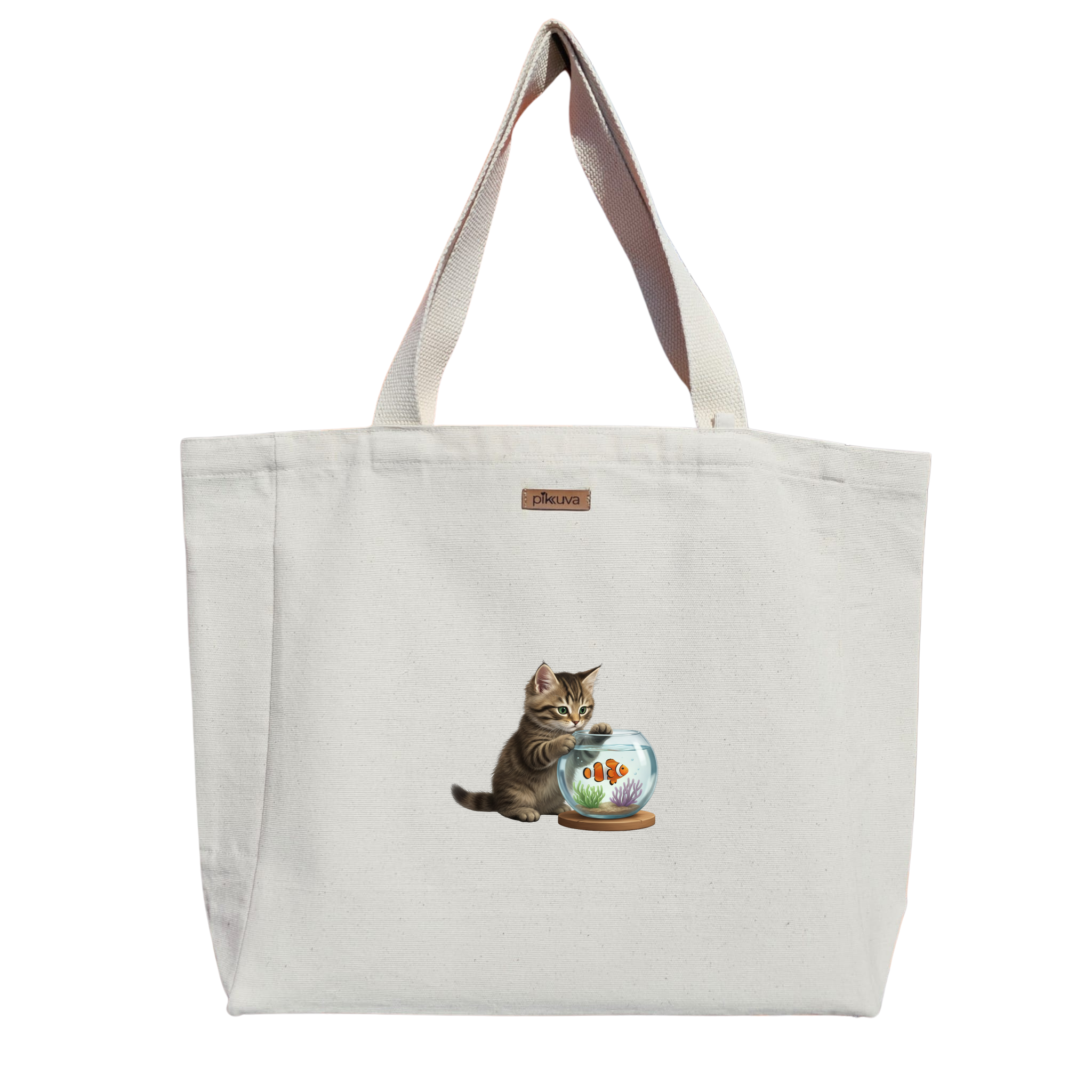 Natural Canvas Tote Bag, Natural Handle, White Velcro, Water Bottle Holder — 12x20