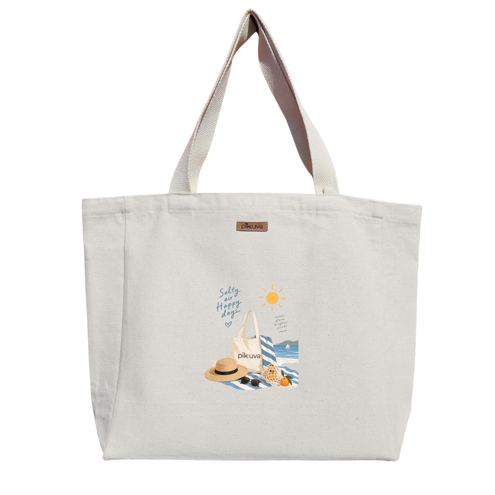 Deniz Temalı Mutluluk Çantası Salty air Happy days Baskılı Naturel Kanvas Bez Çanta Sap Beyaz Cırt Cırtlı Suluk Tutuculu — 12x20