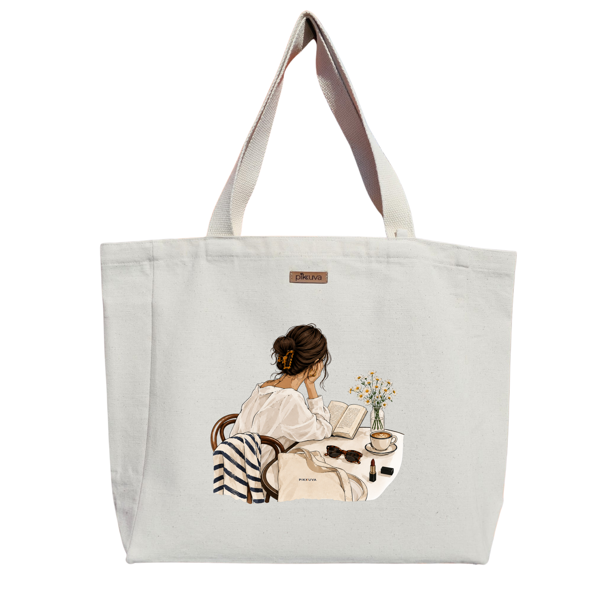 Kahve ve Kitap Keyfi Coffee and book enjoyment Baskılı Naturel Kanvas Bez Çanta Sap Beyaz Cırt Cırtlı Suluk Tutuculu — 20x24