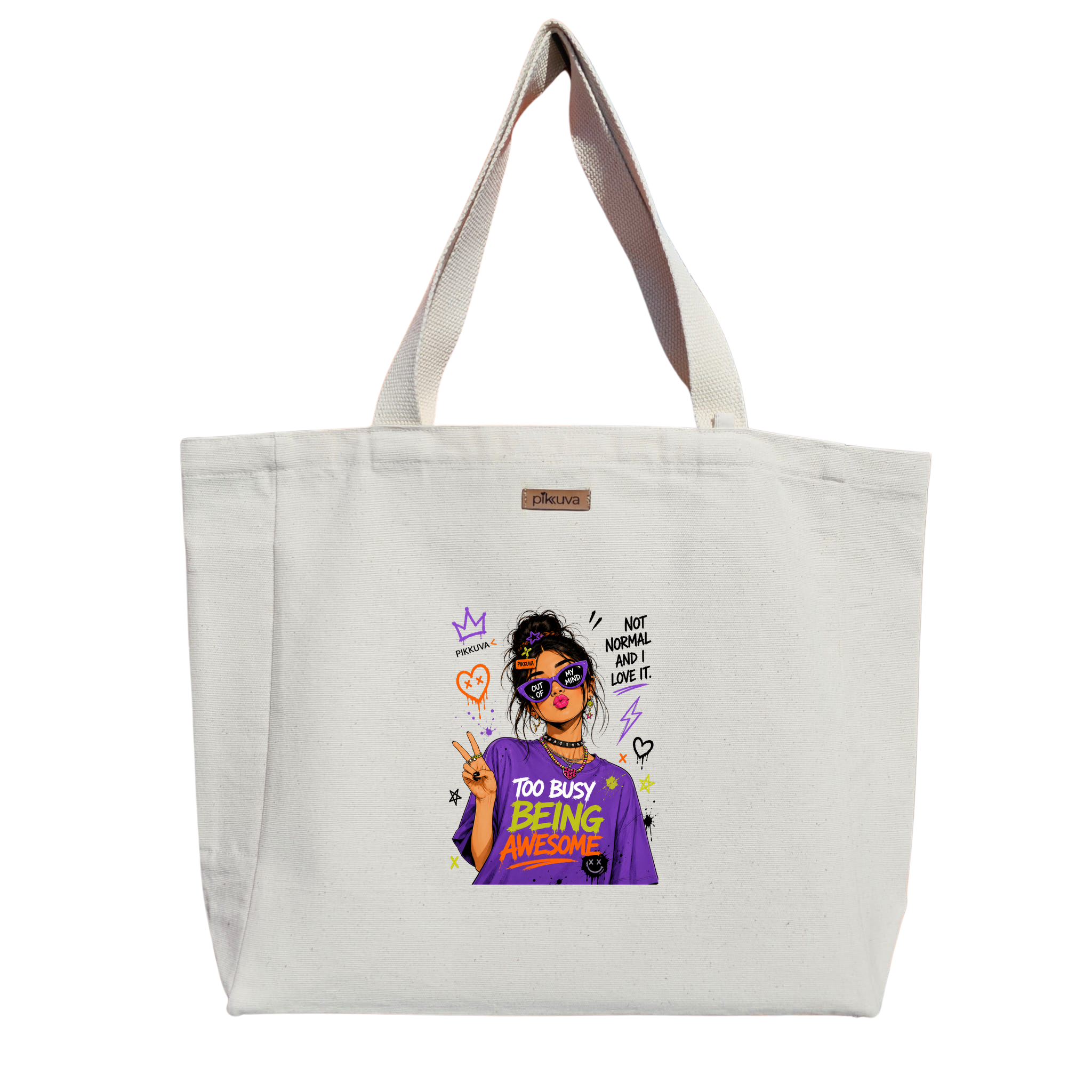 Natural Canvas Tote Bag, Natural Handle, White Velcro, Water Bottle Holder — 12x20